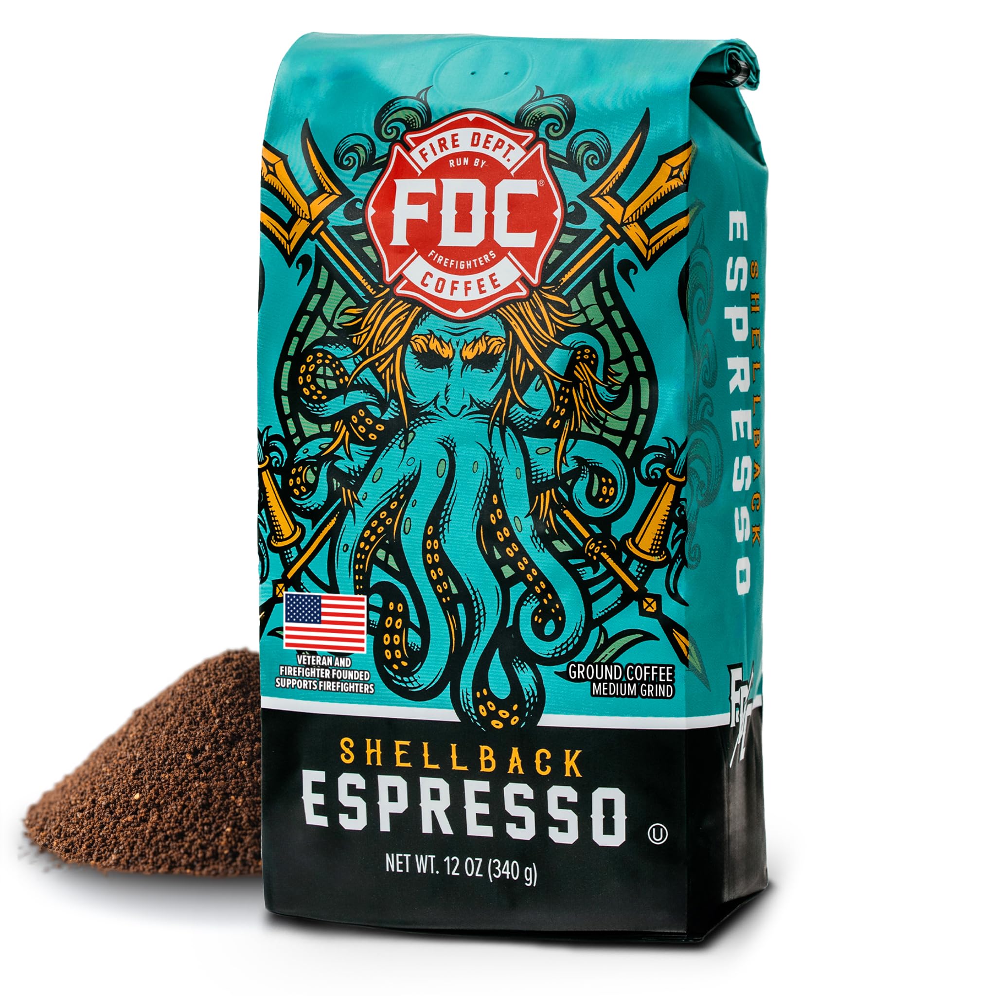 Fire Department Coffee - Gives Back to Firefighters - Bold & Smooth Shellback Espresso Ground Coffee - Roasted in the USA - Veteran Owned - 12 oz