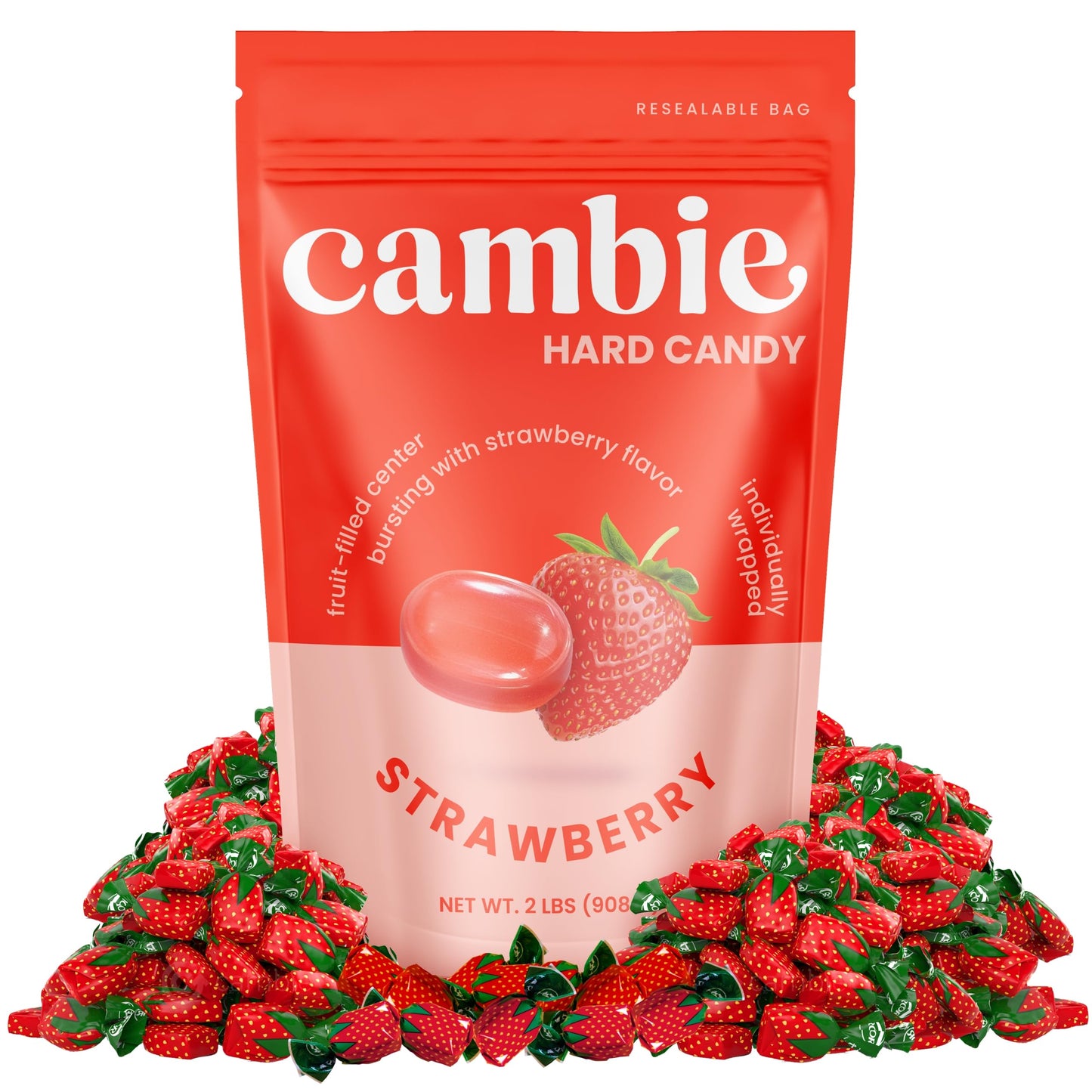 Strawberry Hard Candy Individually Wrapped by Cambie, 2 lbs of Strawberry Candy with a Deliciously Sweet Hard Exterior with a Soft, Fruit-Filled