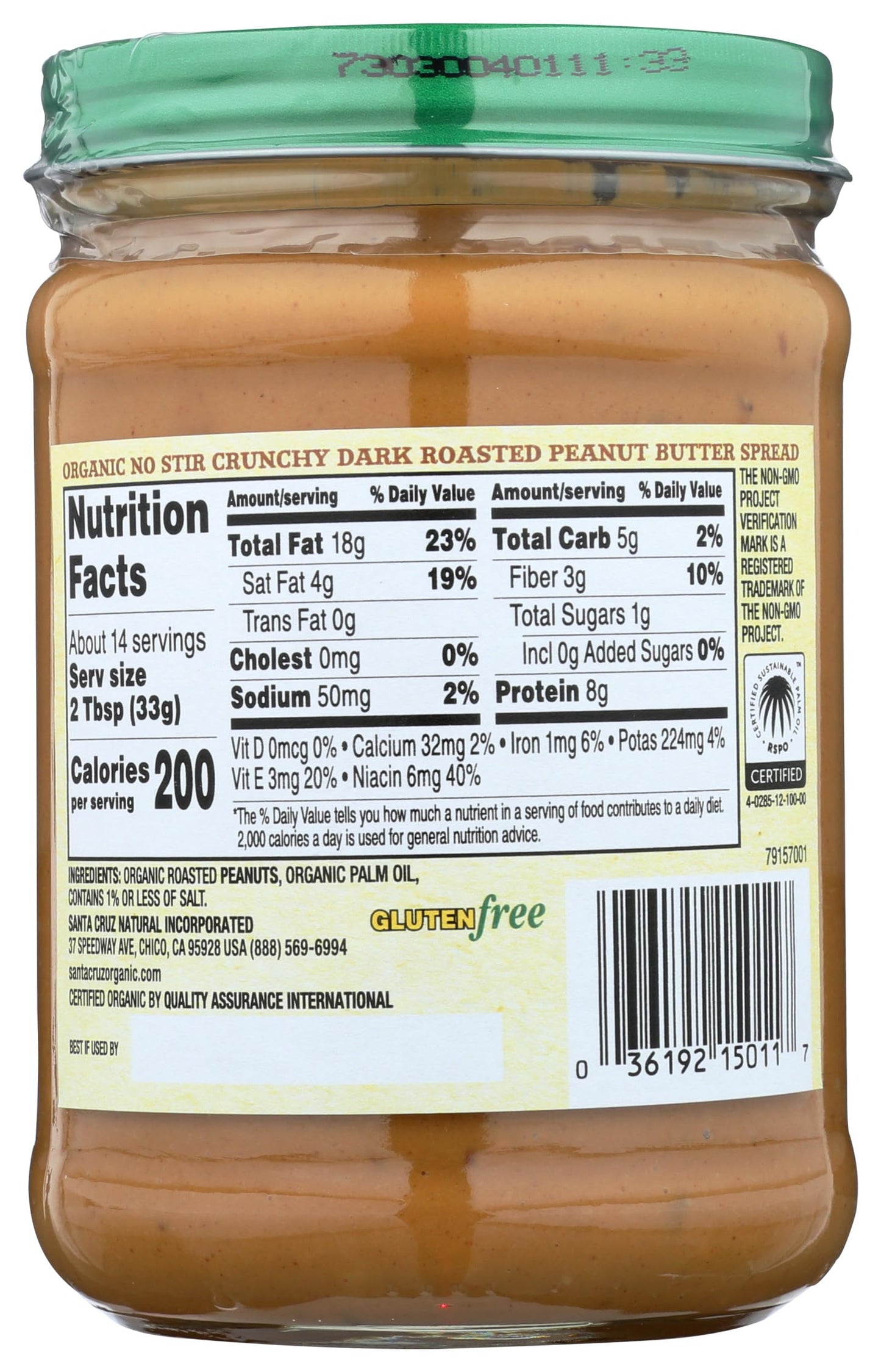 Santa Cruz Organic Organic No Stir Dark Roasted Crunchy Peanut Butter Spread, 16 OZ
