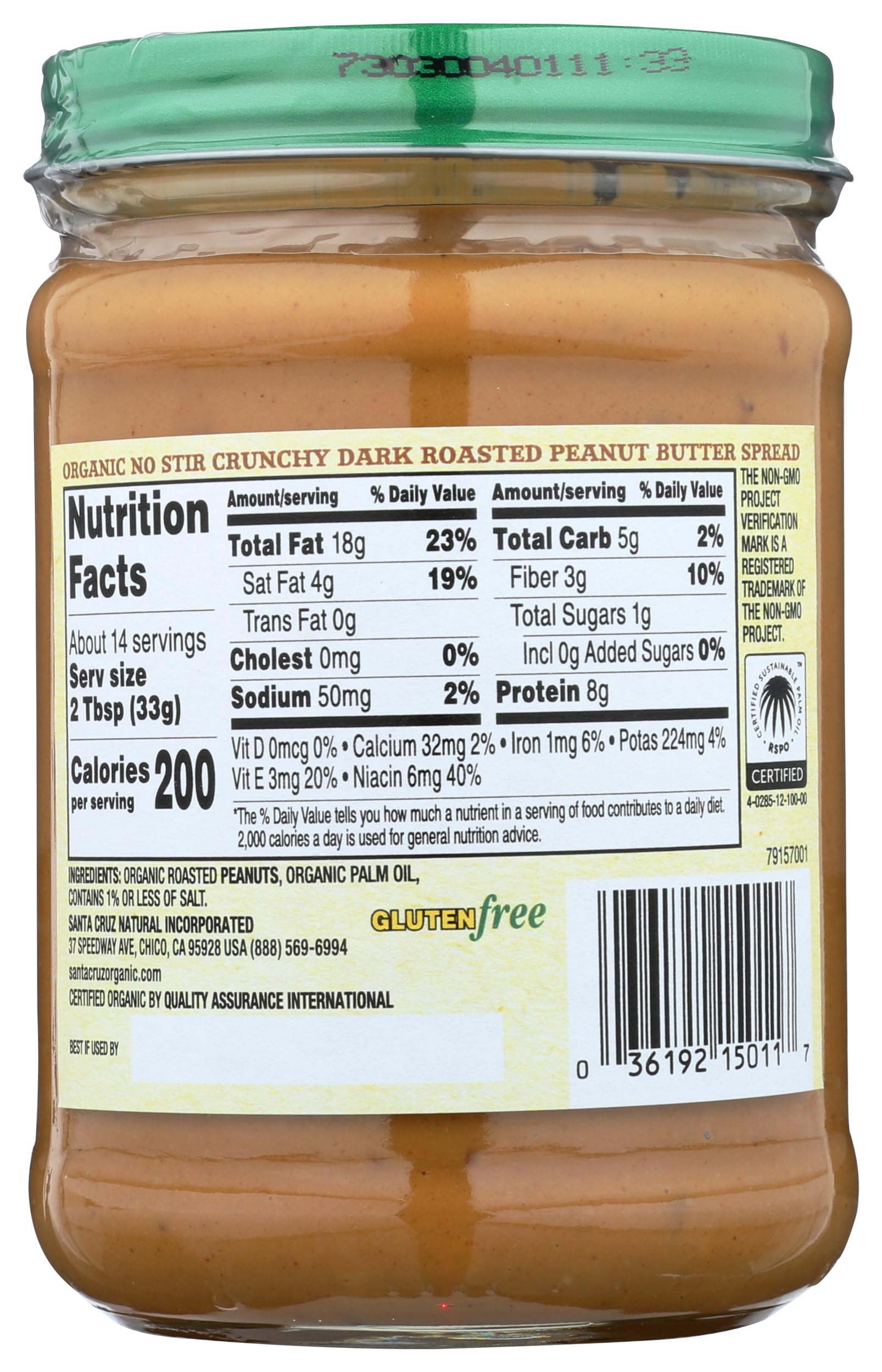 Santa Cruz Organic Organic No Stir Dark Roasted Crunchy Peanut Butter Spread, 16 OZ