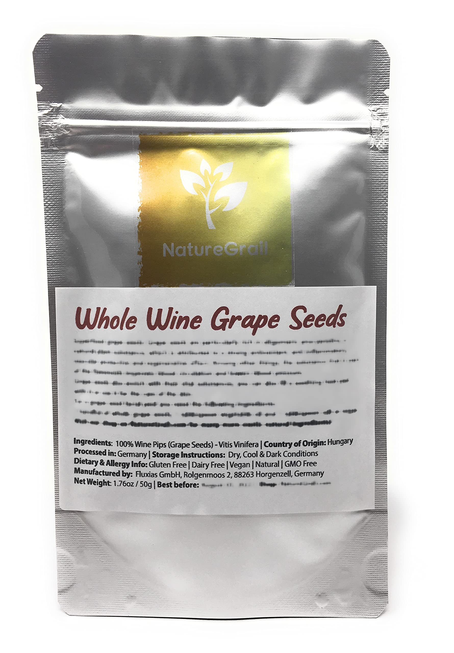Whole Wine Grape Seeds - Ingredients: 100% Wine Pips - Vitis Vinifera - Kosher, Halal, Natural - Net Weight: 1.76oz / 50g