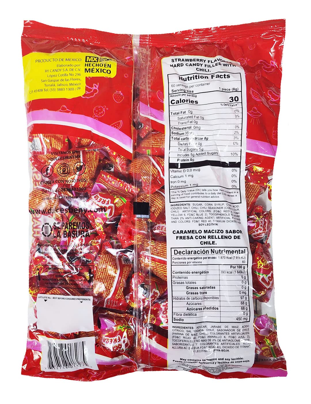 Beny Locochas Sugar Hard Candy 1lb .98oz bag Strawberry Flavored (fresa)