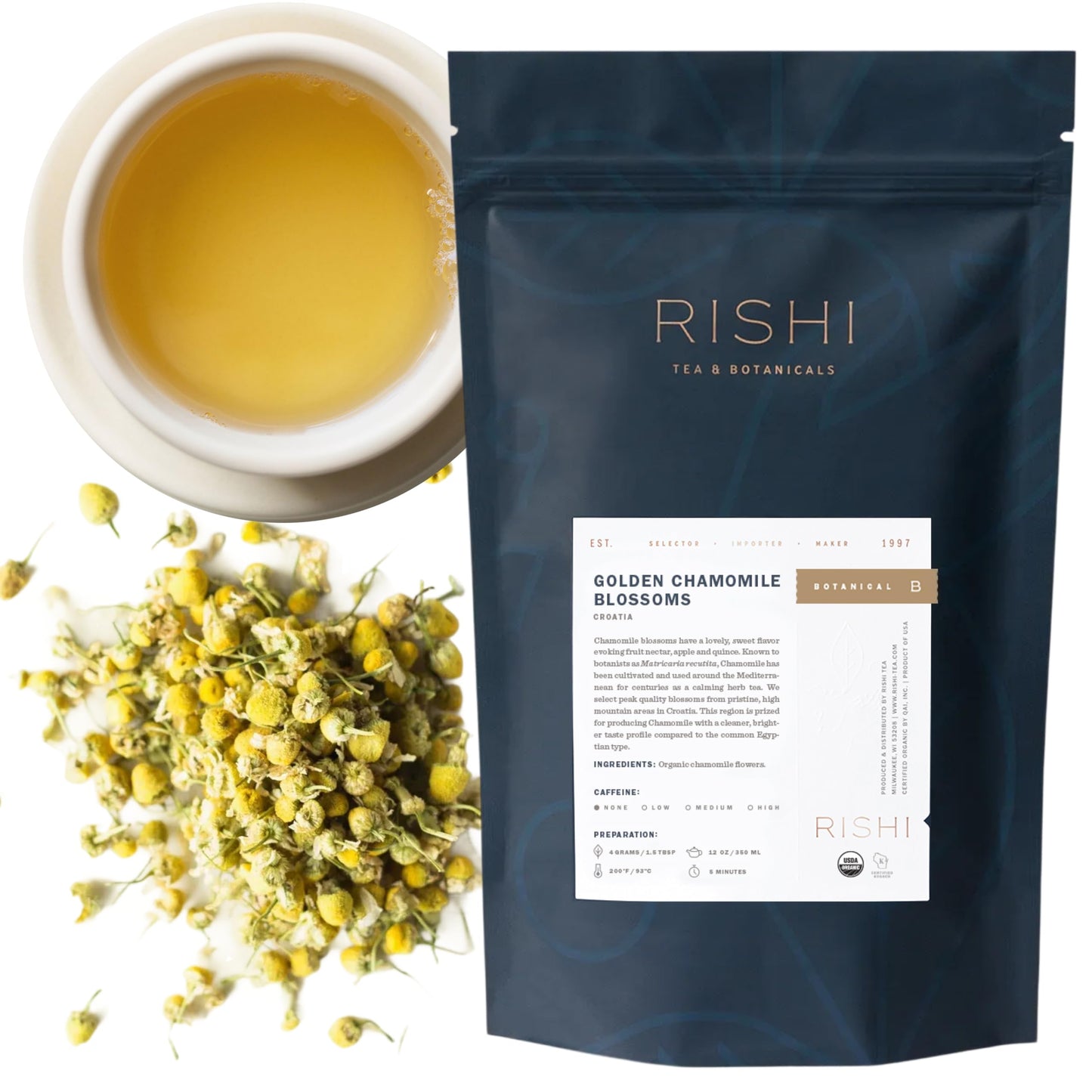 Rishi Tea Golden Chamomile Blossoms Herbal Tea - Organic, Caffeine Free Loose Leaf, Calming Pure Botanical Infusion - 4 Ounces, 28+ Servings