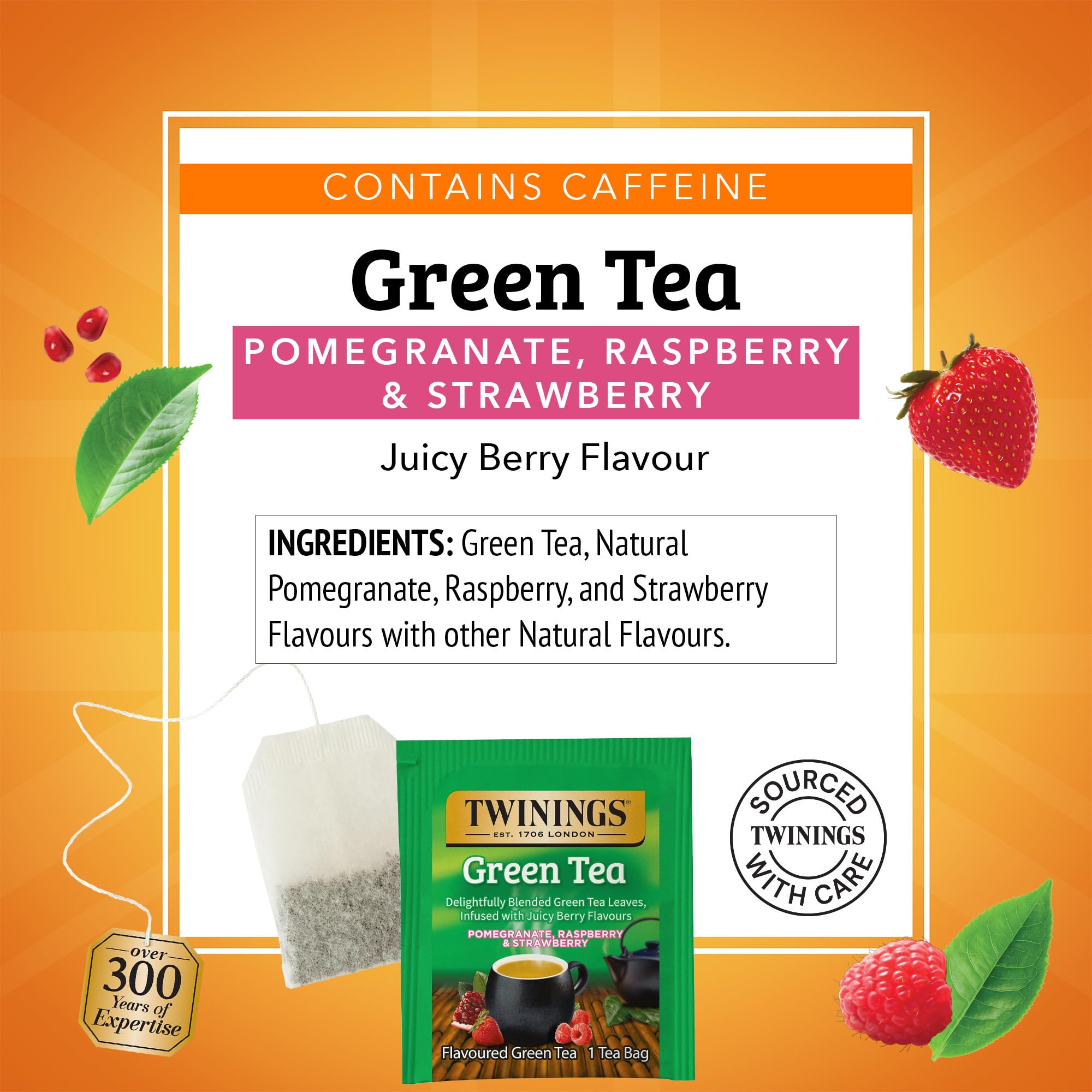 Twinings Green Tea with Pomegranate, Raspberry, & Strawberry Individually Wrapped Bags, 100 Count (Pack of 1), Caffeinated, Enjoy Hot or Iced, 100