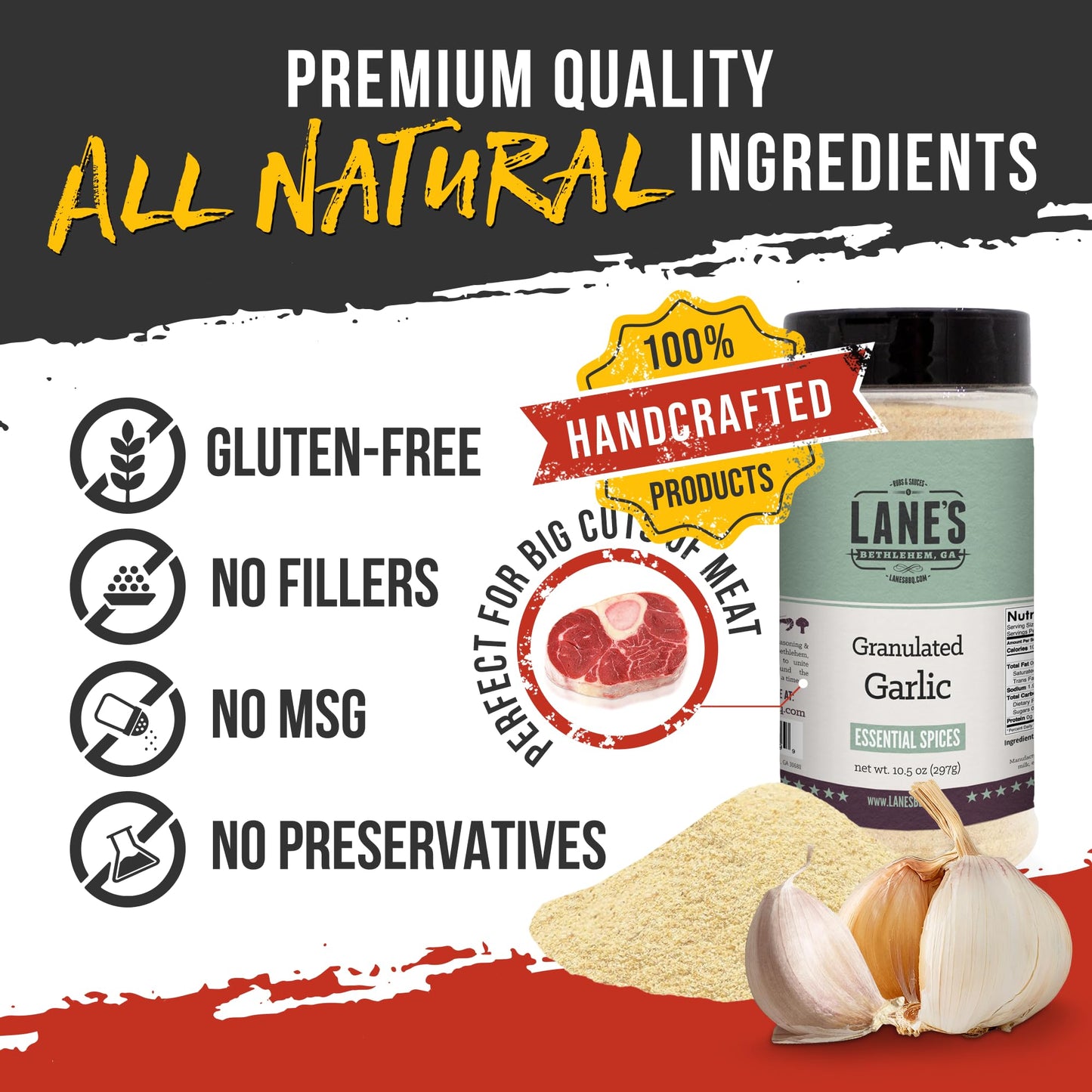 Lane's Granulated Garlic Seasoning - All Natural Premium Garlic Granules for Cooking and Grilling | No Preservatives | 10.5oz