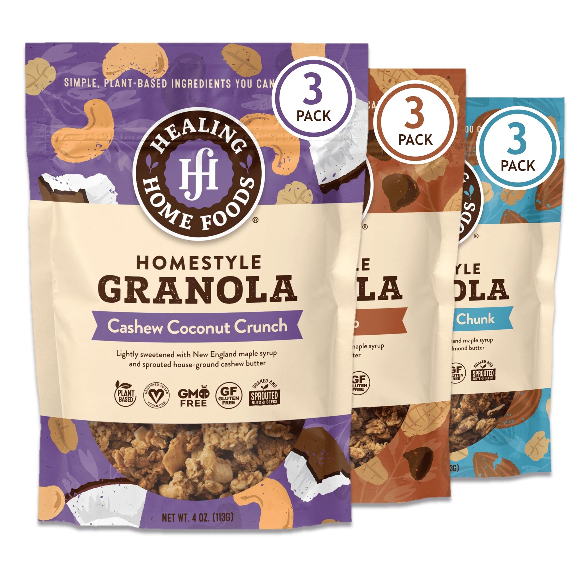 Healing Home Foods Variety P-Nutty Chip, Almond Butter Chunk, Cashew Coconut Crunch, Gluten Free Granola Mix, Low Sugar Granola Clusters, Vegan