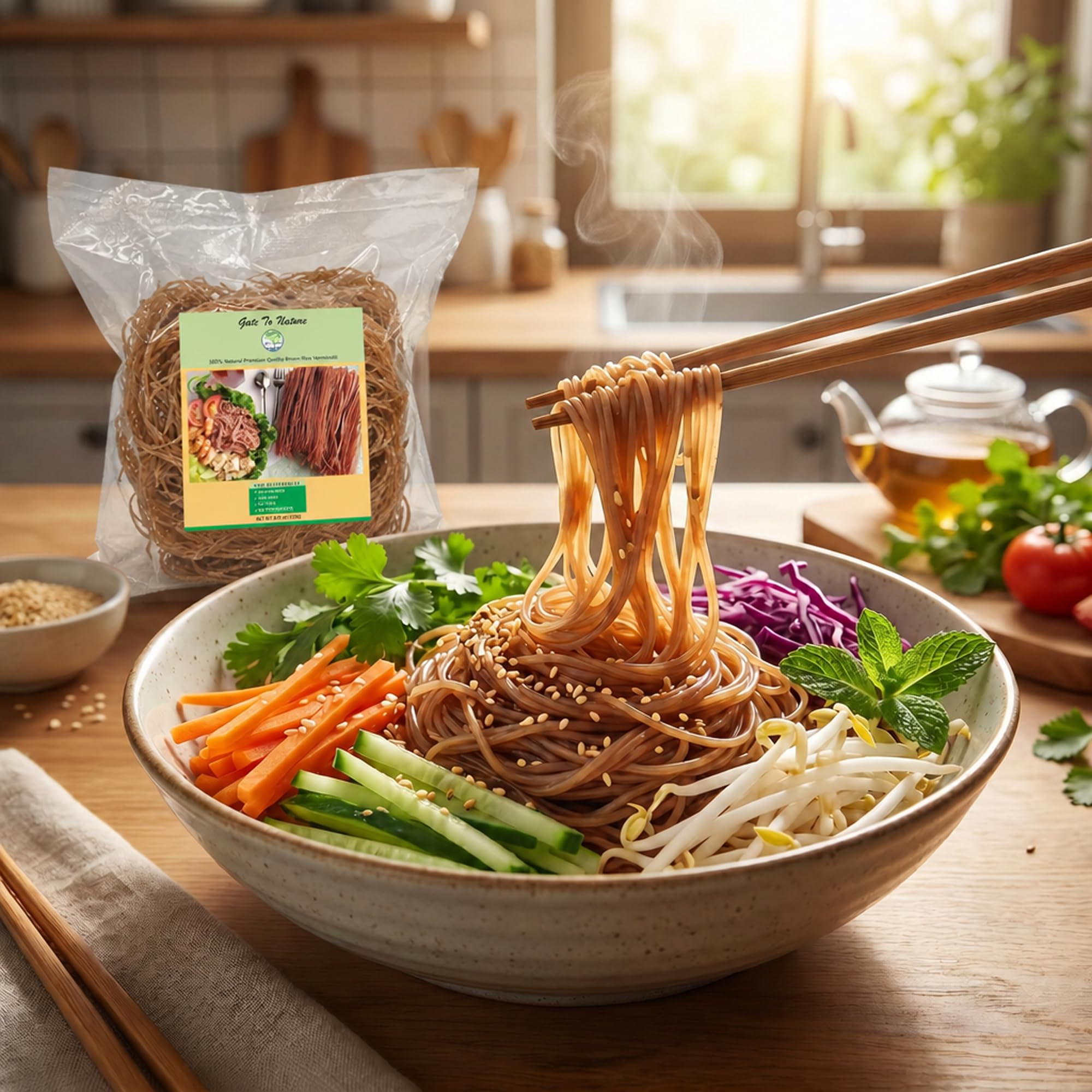 Gate to Nature Brown Rice Vermicelli, Gluten-Free Brown Noodles, Vegan 8.8oz, Natural Freshly Made Product like our Green Tea, Brown Rice Paper