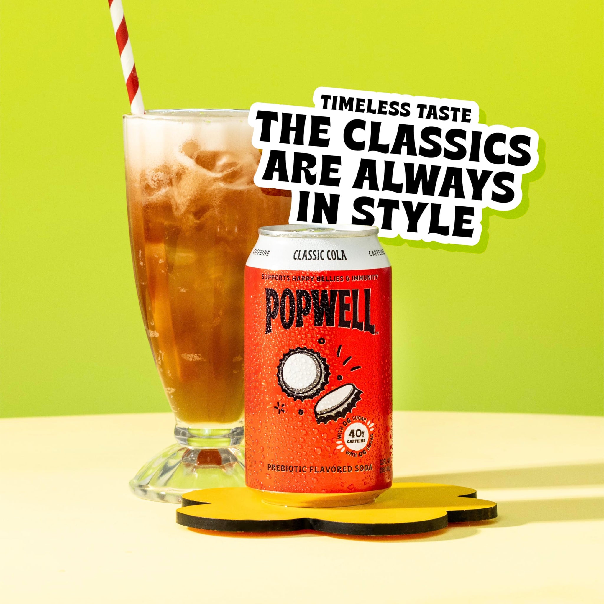 Popwell Classic Cola Caffeinated Better-For-You Prebiotic Soda, with 6g Fiber, 1g Sugar, Vitamins and Immunity Support, 12 fl oz Cans (pack of 12)