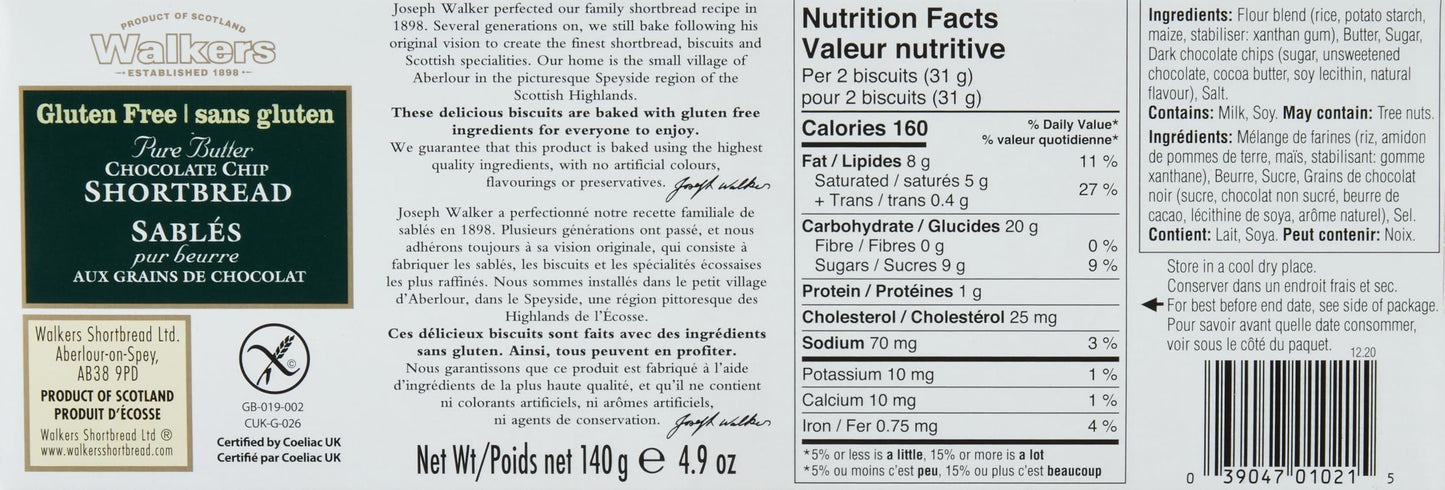 Walker's Shortbread Gluten Free Chocolate Chip Cookies, All-Butter Shortbread Cookies, 4.9 Oz
