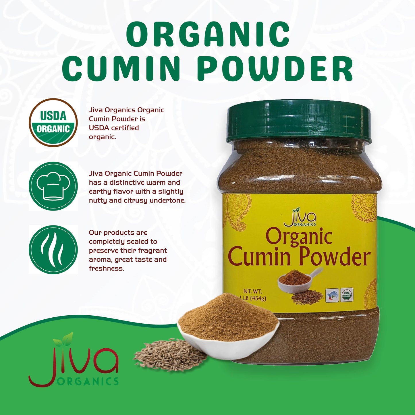 Jiva Organics Organic Ground Cumin Powder 1 Pound Jar - 100% Pure & Non-GMO, Cumin Seed Powder (packaging may vary)