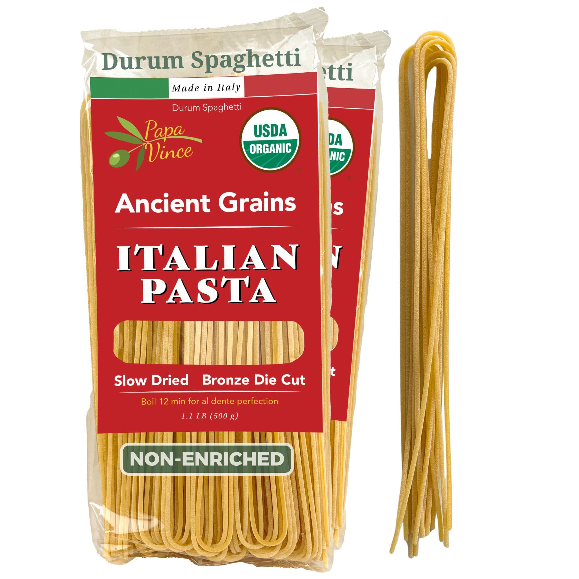 Papa Vince Organic Whole Wheat Spaghetti Noodles - Made in Italy, Non-Enriched, No Folic Acid - Organic Ancient Grain Pasta, Non-GMO, Artisan Bronze