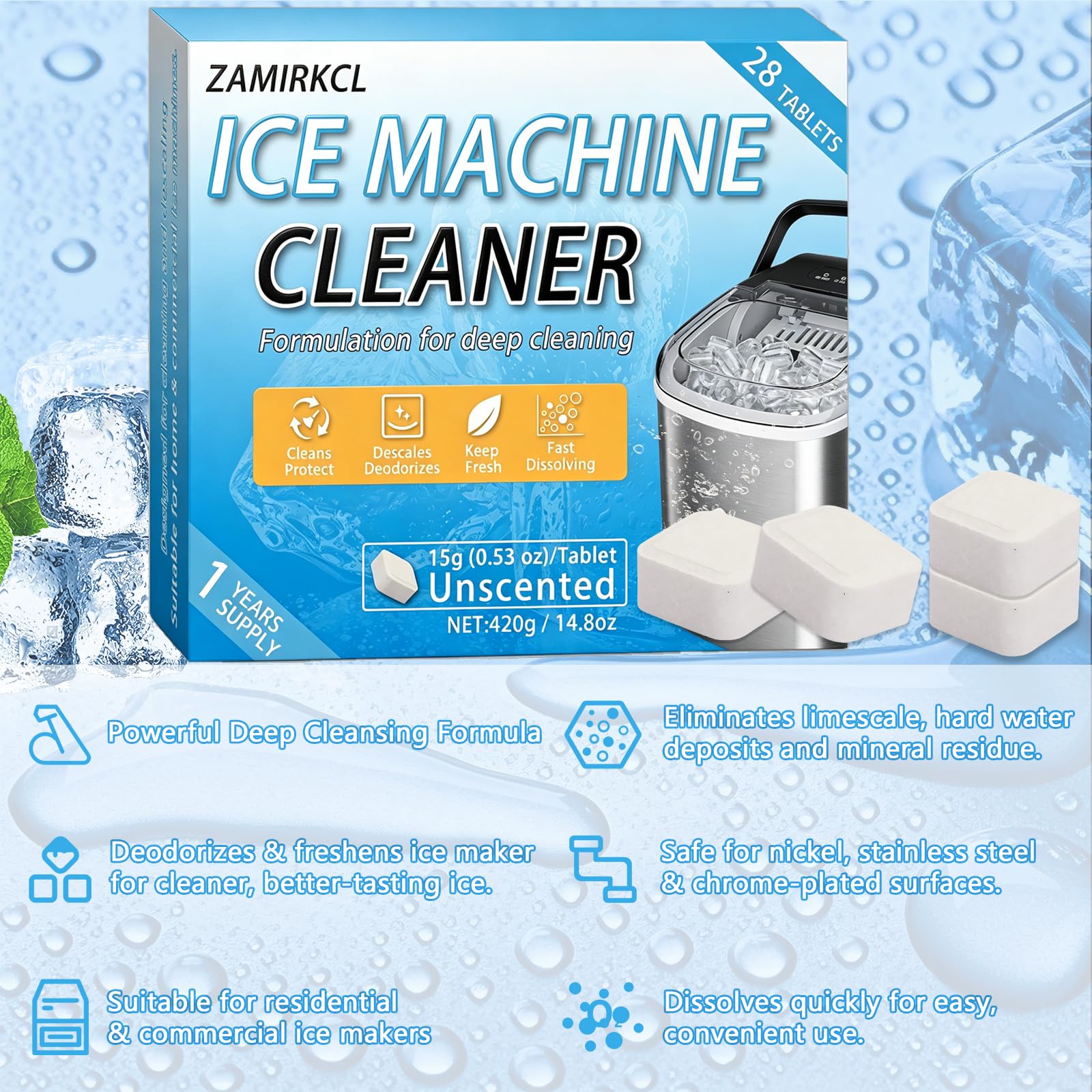 Ice Machine Cleaner Tablets, 28 Count, Nickel-Safe Descaling Formula, No Damage to Nickel Plating, Compatible with All Major Brands, Ideal