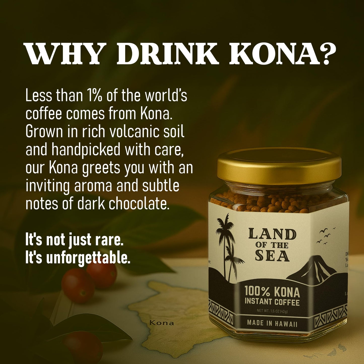 PREMIUM KONA COFFEE 100% - Hawaiian Instant Coffee (1 Pack | 22 Serv.) - Medium Roast, Freeze Dried - Low Acid Arabica Coffee, 1.5 oz