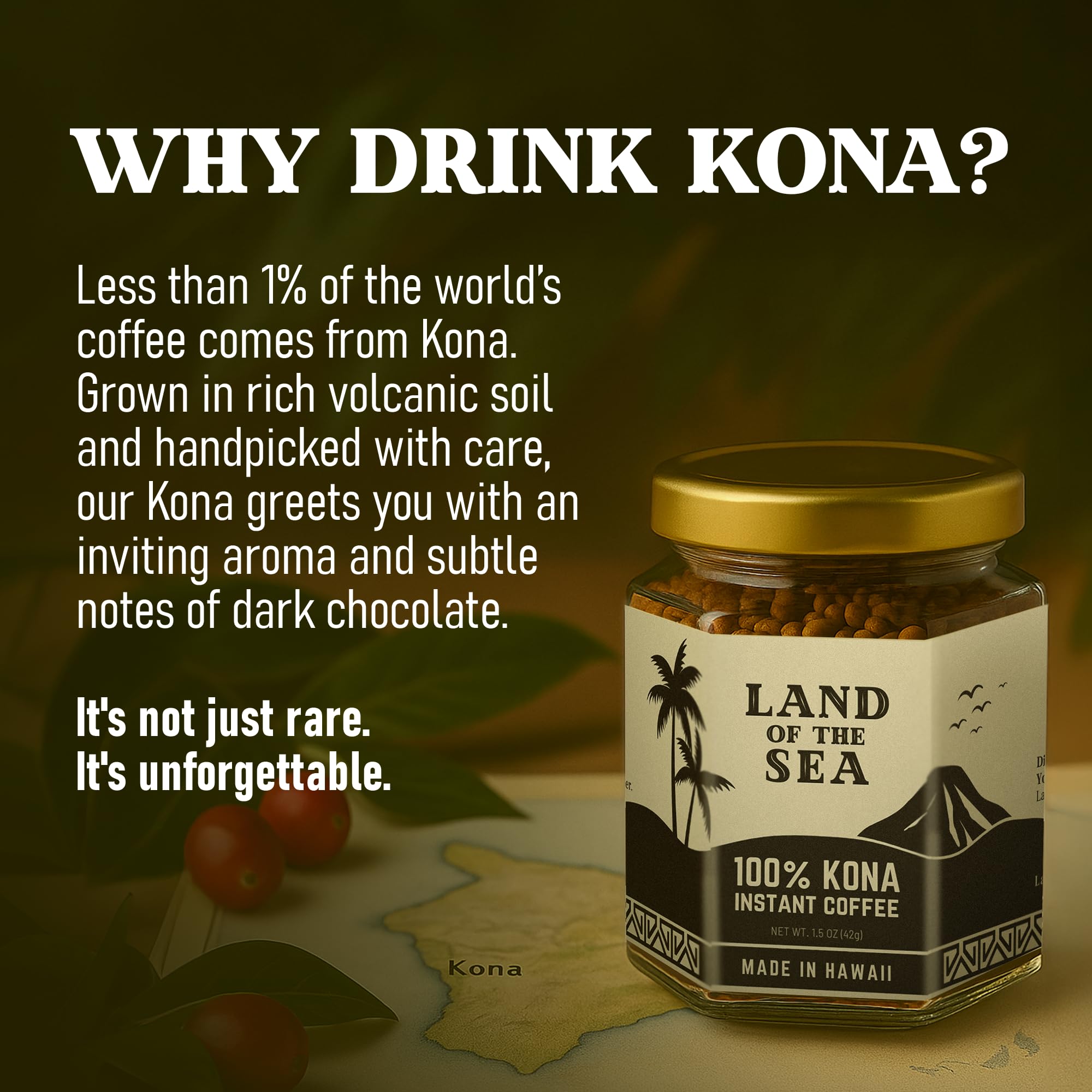 PREMIUM KONA COFFEE 100% - Hawaiian Instant Coffee (1 Pack | 22 Serv.) - Medium Roast, Freeze Dried - Low Acid Arabica Coffee, 1.5 oz