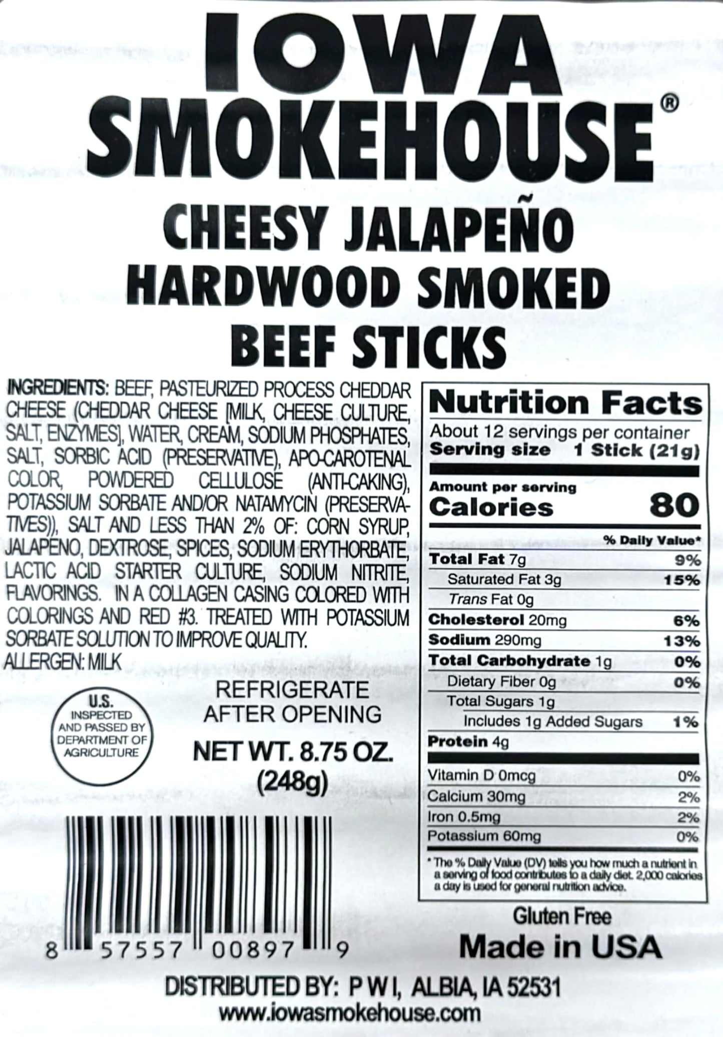 Iowa Smokehouse Cheesy Jalapeno Beef Sticks Hardwood Hickory Smoked Meat Sticks 8.75 Ounce (12 Sticks)