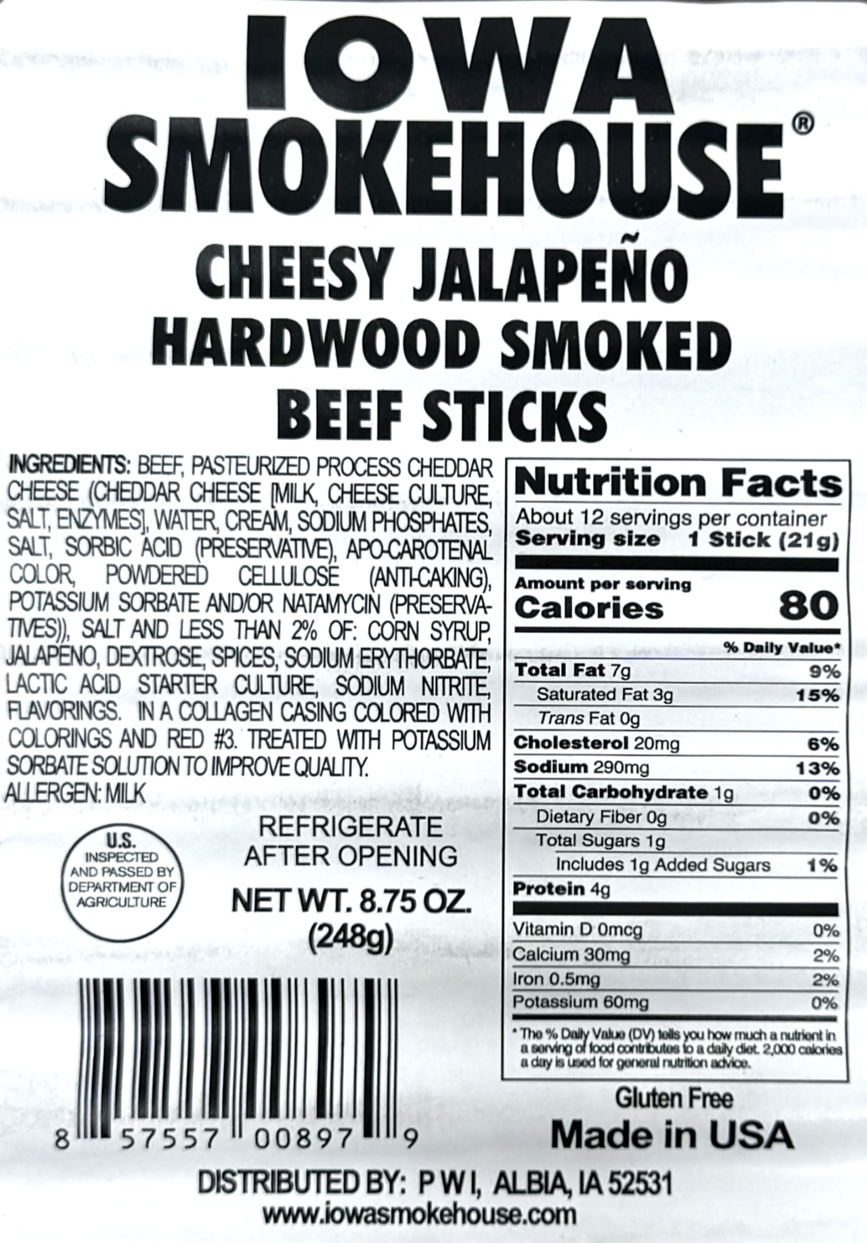 Iowa Smokehouse Cheesy Jalapeno Beef Sticks Hardwood Hickory Smoked Meat Sticks 8.75 Ounce (12 Sticks)