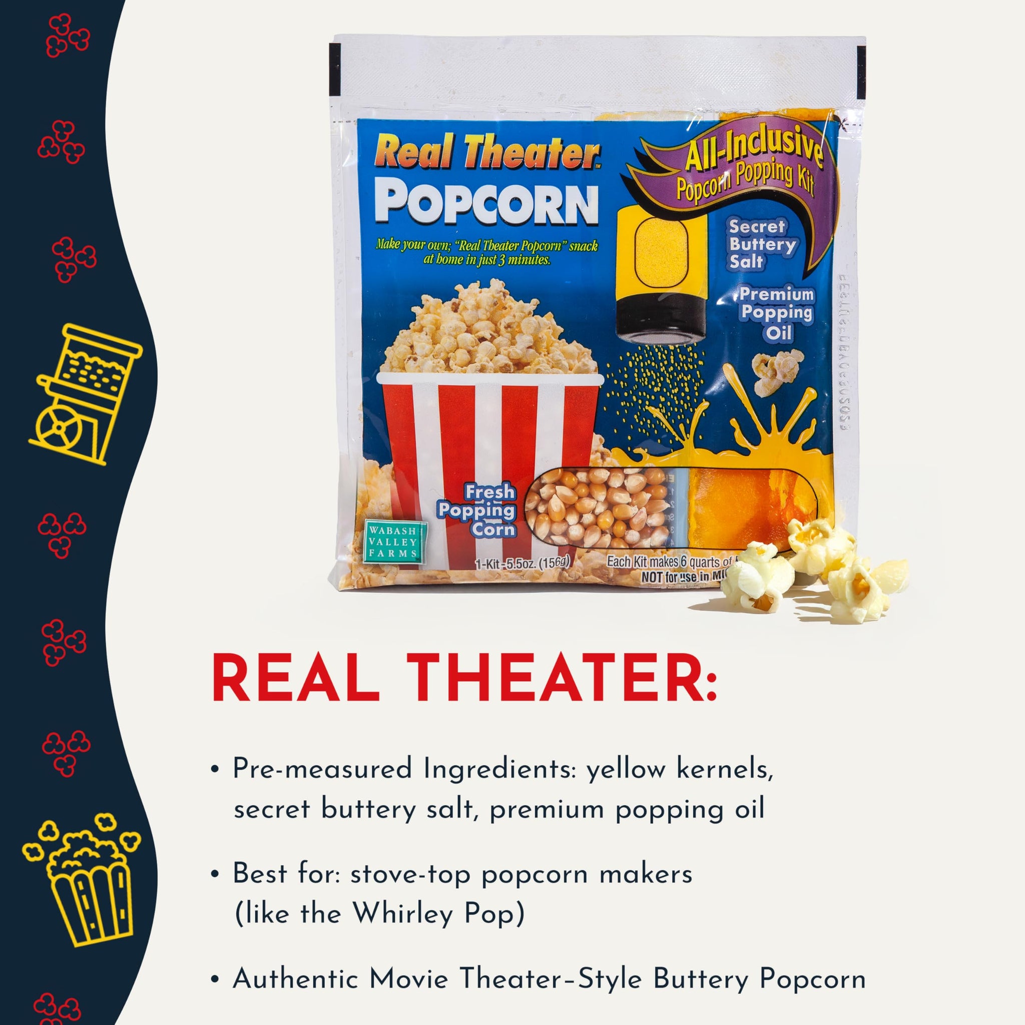 All in One Popcorn Packs - Wabash Valley Farms All Inclusive Popping Kits, Real Theatre Popcorn, Popcorn Kernels for Popcorn Machine, All in One