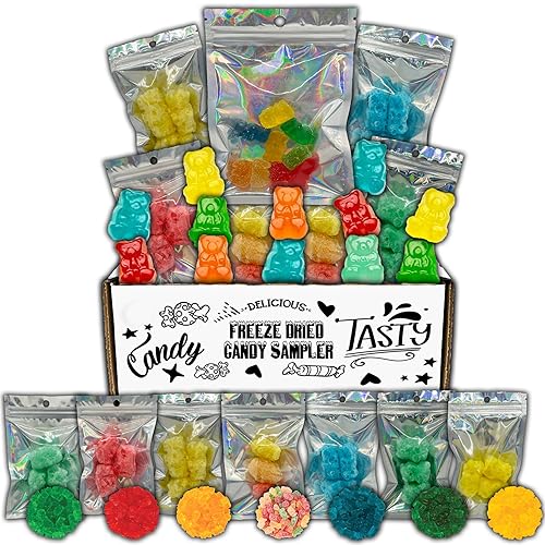 Fun Flavors Box-Gummy Bears Freeze Dried Candy 7 Bag Sampler Variety Pack Gift Box with Before and After Gummies