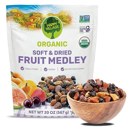 Happy Village Organic Dried Fruit Mix - Apricots, Figs, Strawberries & Tart Cherries, 20 OZ - Kosher, Non-GMO, No Refined Sugar, Vegan, Unsulfured