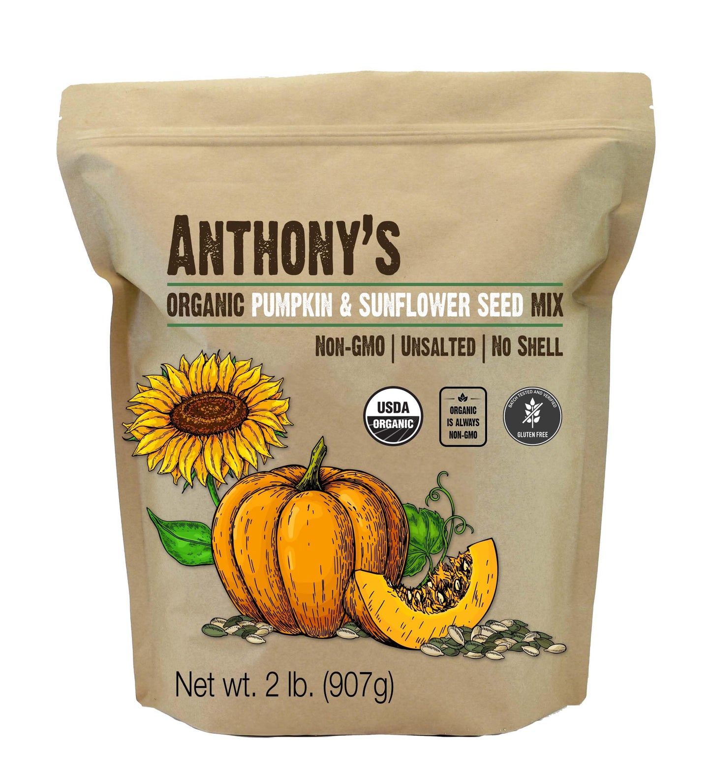 Anthony's Organic Pumpkin and Sunflower Seed Mix, 2 lb, Gluten Free, Unsalted, No Shell, Non GMO