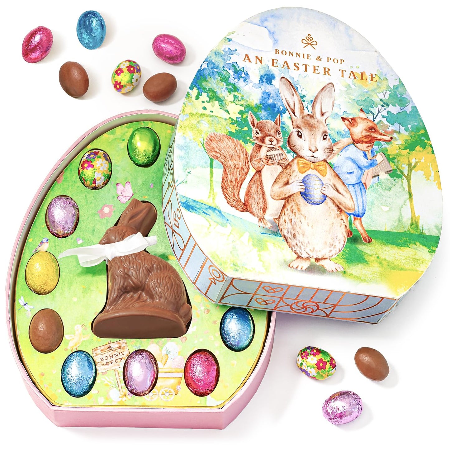 Easter Chocolate Gift Egg with Foiled Bunny & Chocolate Eggs - Decorative Easter Egg Gift Box, Gourmet Milk Chocolate Candy Assortment, Spring Easter