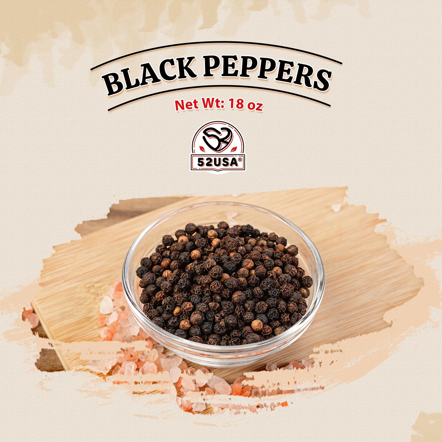 52USA Whole Black Peppercorns, 18oz (Pack of 1), Peppercorns for Grinder Refill, Gluten-Free, Kosher, Non-GMO, All Natural Black Pepper, Perfect for