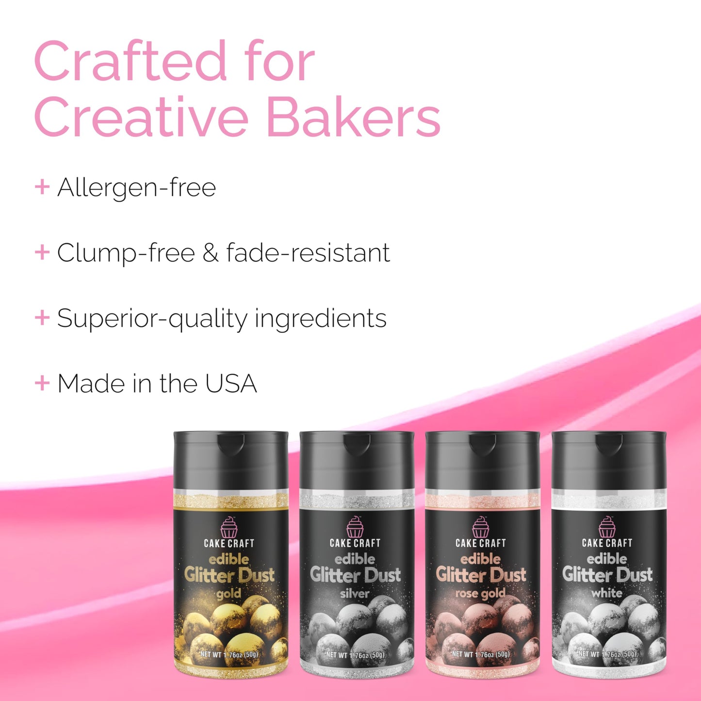 Cake Craft Edible Glitter Dust 4-Pack | 100% Edible Food-Safe Glitter for Cakes, Cupcakes, Cocktails & Desserts | Gold, Silver, Rose Gold, White