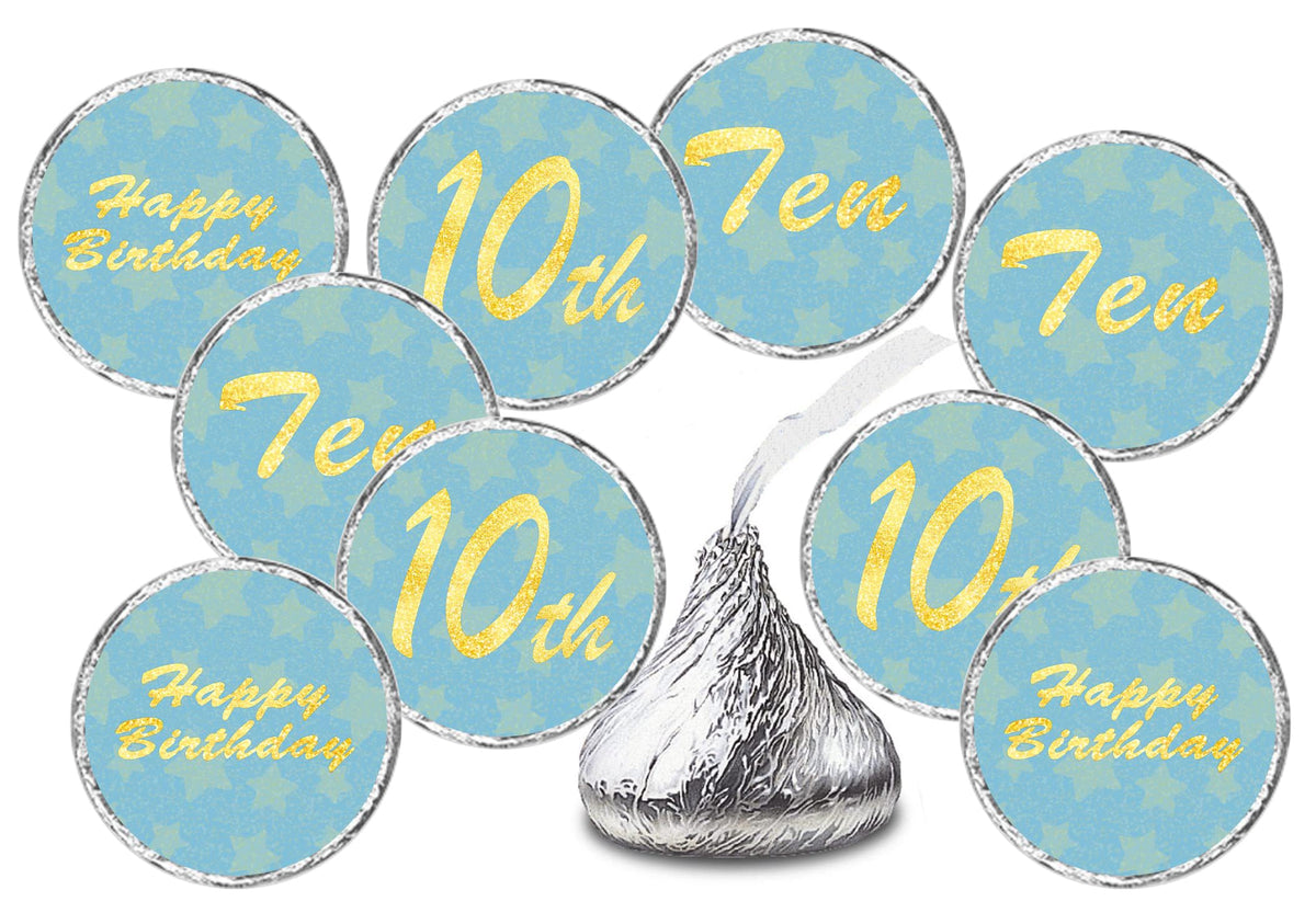10th Birthday Kisses Stickers, Ten Blue Kiss Labels for Boy Happy Birthday Party, Chocolate Drop Tabletop Decorations, Candy Not Included. Made in USA