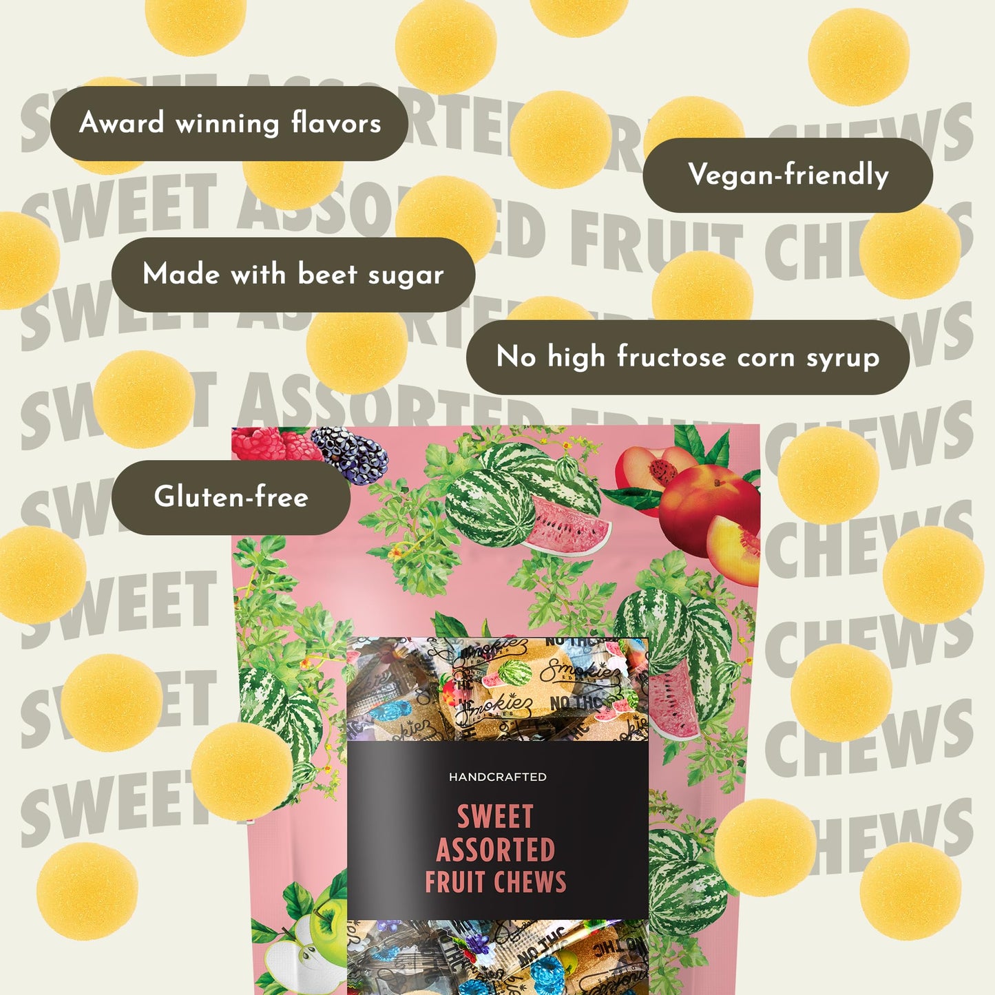 Smokiez Sweet Assorted Fruit Chews - 75 Pieces Individually Wrapped Candy | Vegan Friendly, Gluten Free Soft & Chewy Mixed Fruit Sweets for Sharing