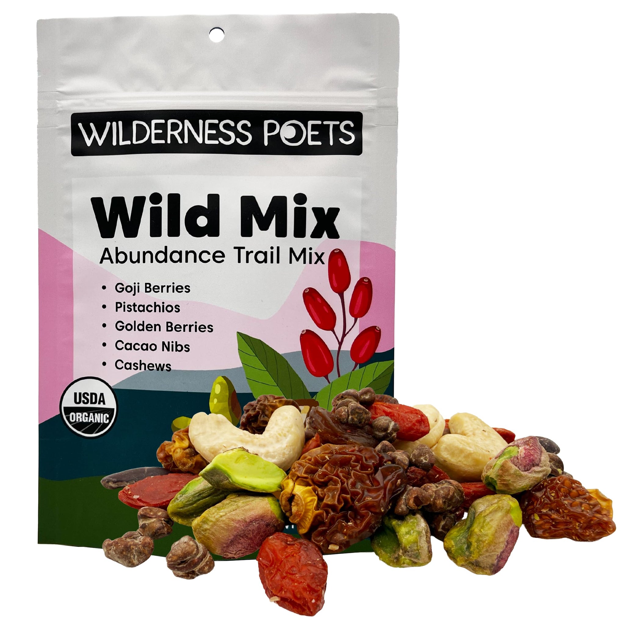 Wilderness Poets, Abundance Wild Mix - Organic Raw Superfood Blend (3.25 Ounce) Cashew, Pistachio, Goji Berry, Cacao, Golden Raisin, Golden Berry