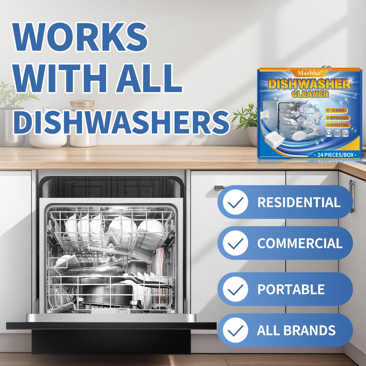 Dishwasher Cleaner and Deodorizer Tablets - 24 Pack, Natural Heavy Duty Deep Cleaning Descaler pods, Compatible with All Dish washer Models, Removes
