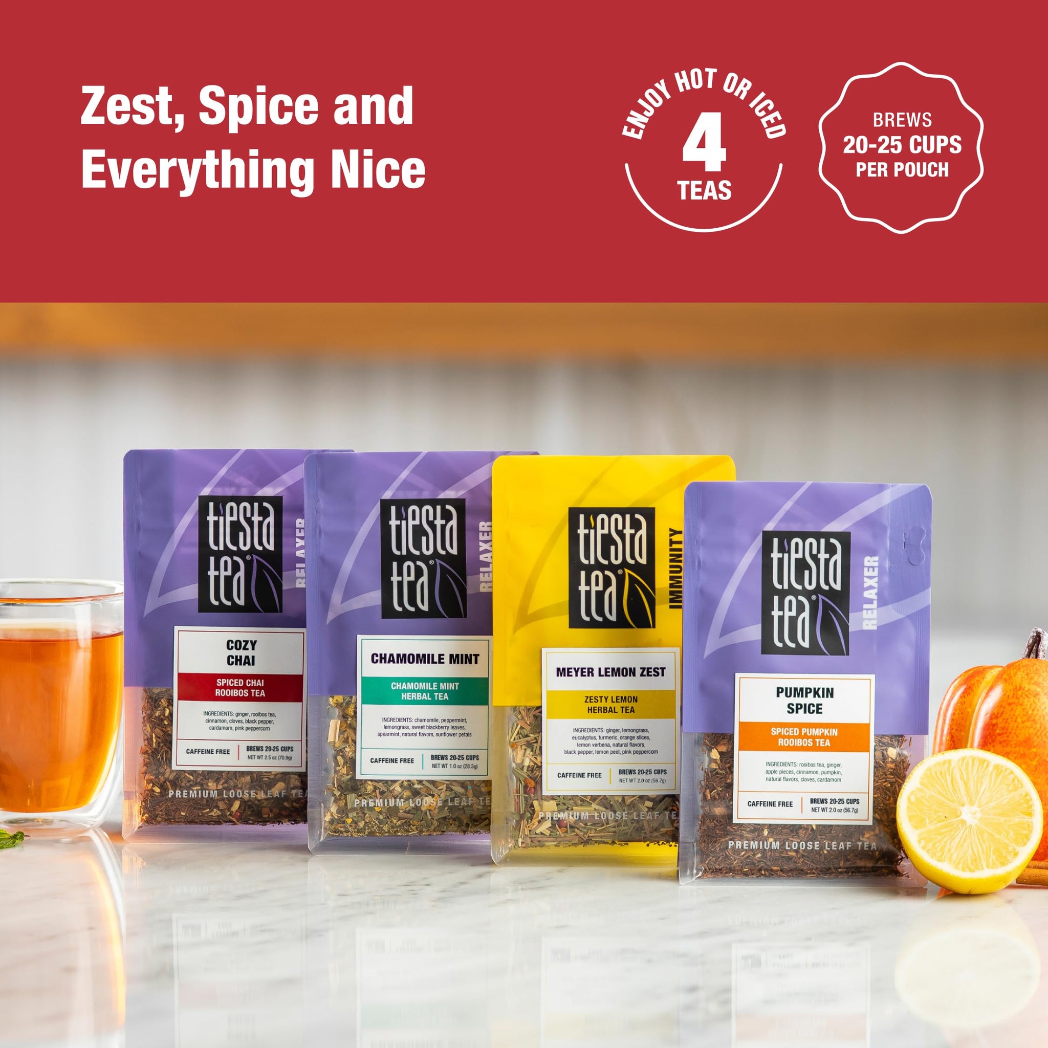 Tiesta Tea - 4 Autumnal Tea Blends, Loose Leaf, Premium Blend, Non-Caffeinated, Make Hot or Iced, Pouch of Pumpkin Spice, Cozy Chai, Chamomile Mint