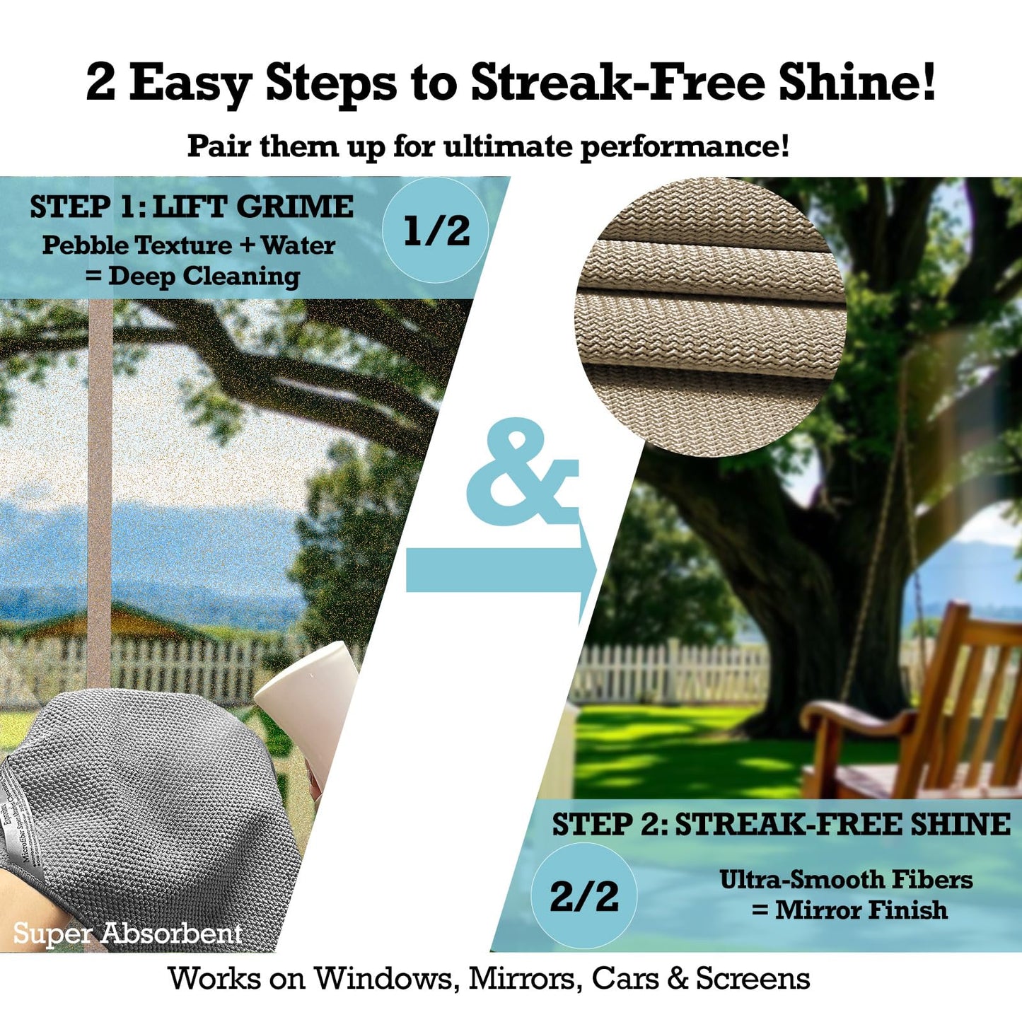 Exprosiflux Lint-Free Streak-Free Glass Cleaning Cloth 3-Pack - Microfiber Towels Polish & Scrub with Only Water for Windows, Cars, Mirrors - Blue
