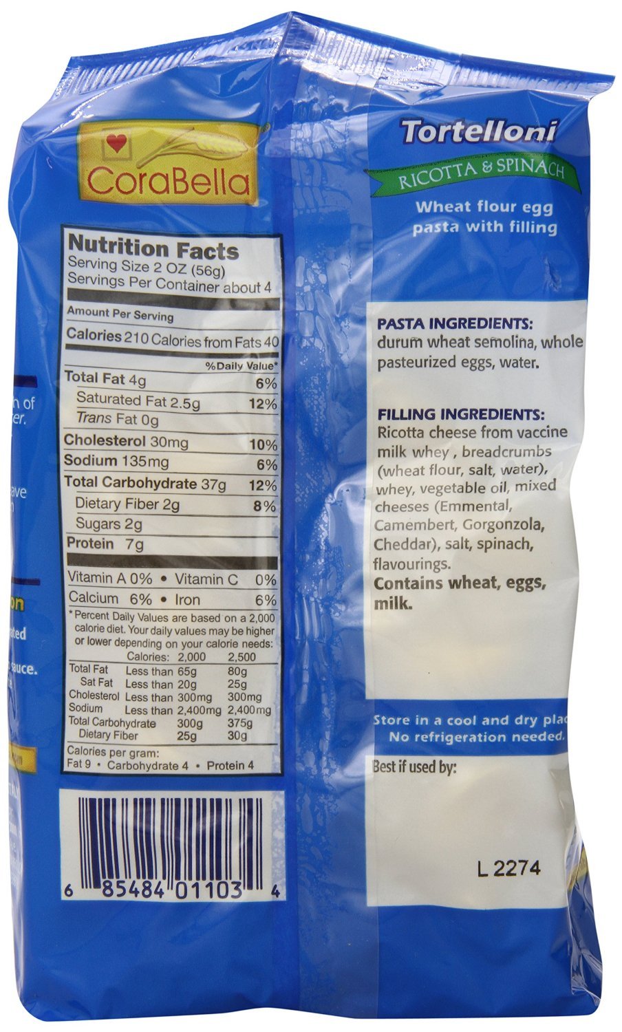Corabella Classic Italian-Made Ricotta and Spinach Tortellini, 8.8 oz. of Fresh Cheese Tortellini Pasta