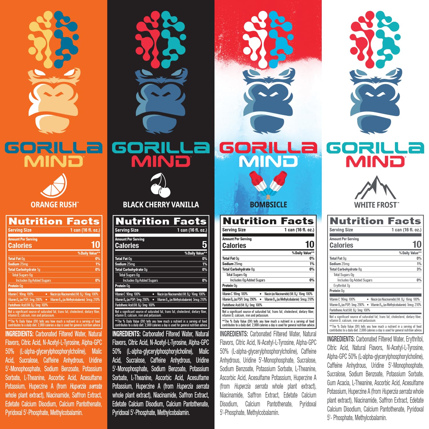 Gorilla Mind Energy Drink | Unmatched Energy · Amplified Focus | N-Acetyl-L-Tyrosine, Alpha-GPC, 200mg Caffeine, Uridine, Saffron | 0 Sugar Or