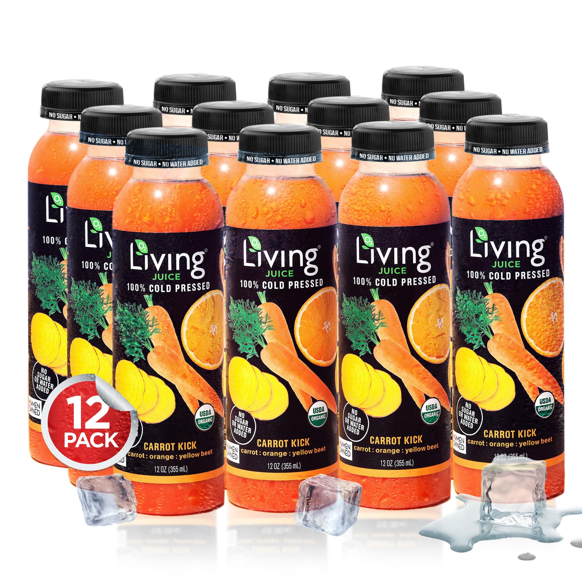 O2 Living Juice Cold Pressed Drink - Carrot Kick Organic Juice Pack - No Added Sugars or Water, Naturally Sweetened from Fruits, Rich in Nutrients