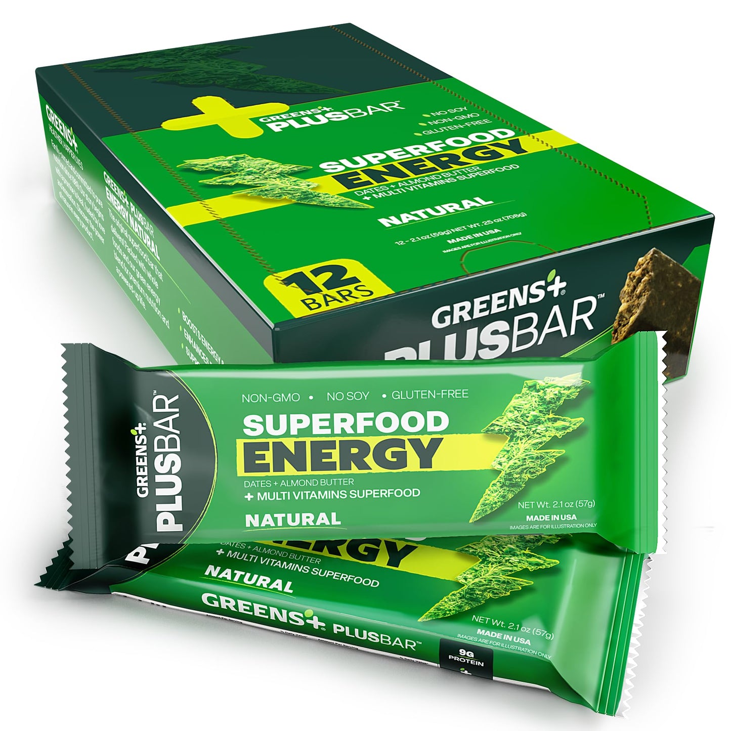 Greens+ Plusbar Energy, Natural, Gluten-Free Snack with Super Greens, Superfoods & Almond Butter, Vegan, Dairy-Free, Non-GMO, 10g Protein Meal