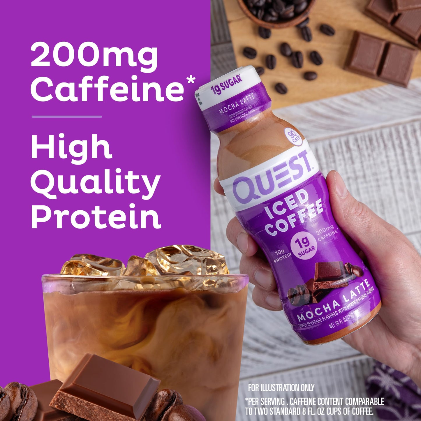Quest Nutrition Iced Coffee, Mocha Latte, 1g of Sugar, 10g of Protein, 90 calories, 200mg of caffeine, 4 Count