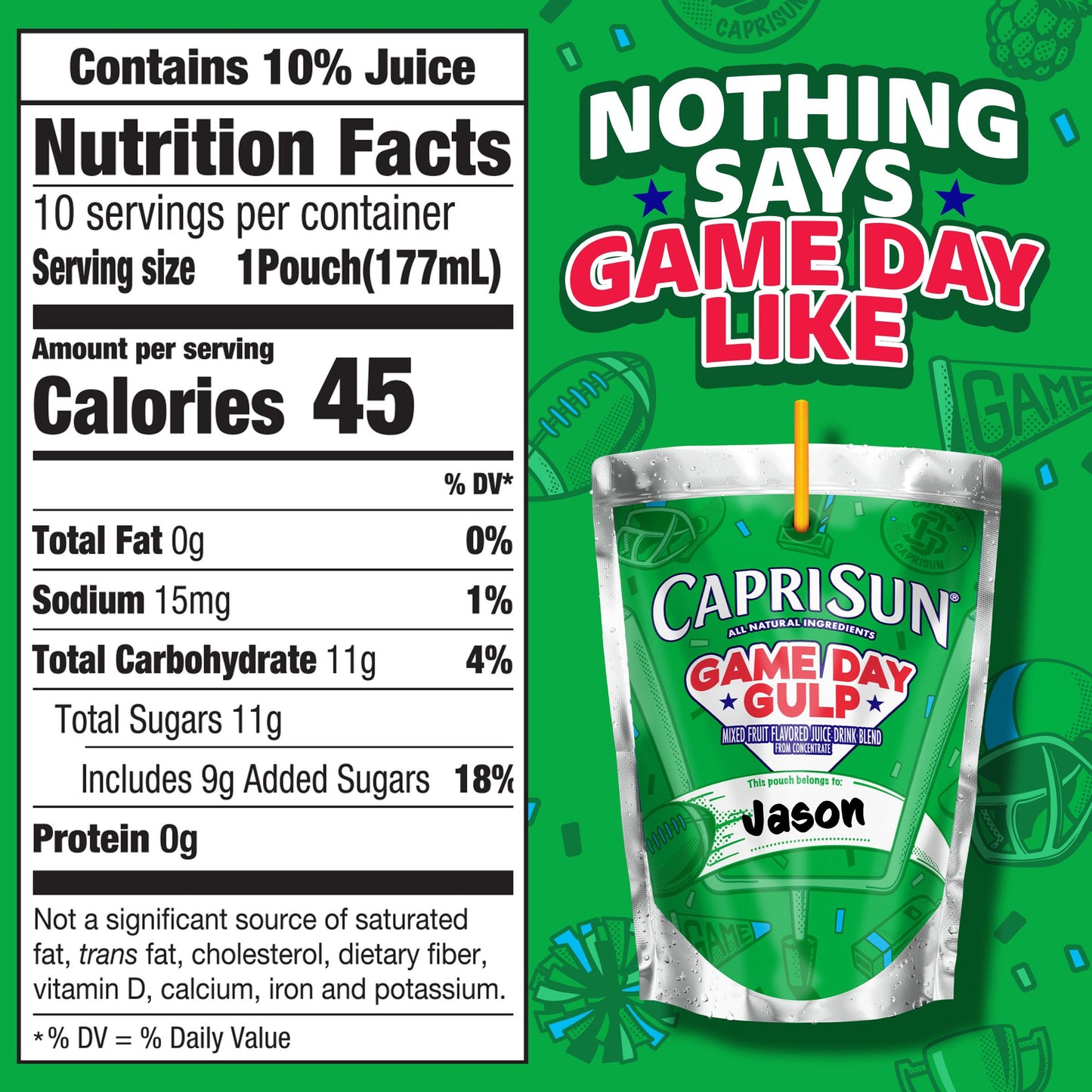 Capri Sun Game Day Gulp Juice Drink Blend Juice Boxes, 10 Pouches, For School Lunches and Tailgates, All Natural Ingredients, 6 oz