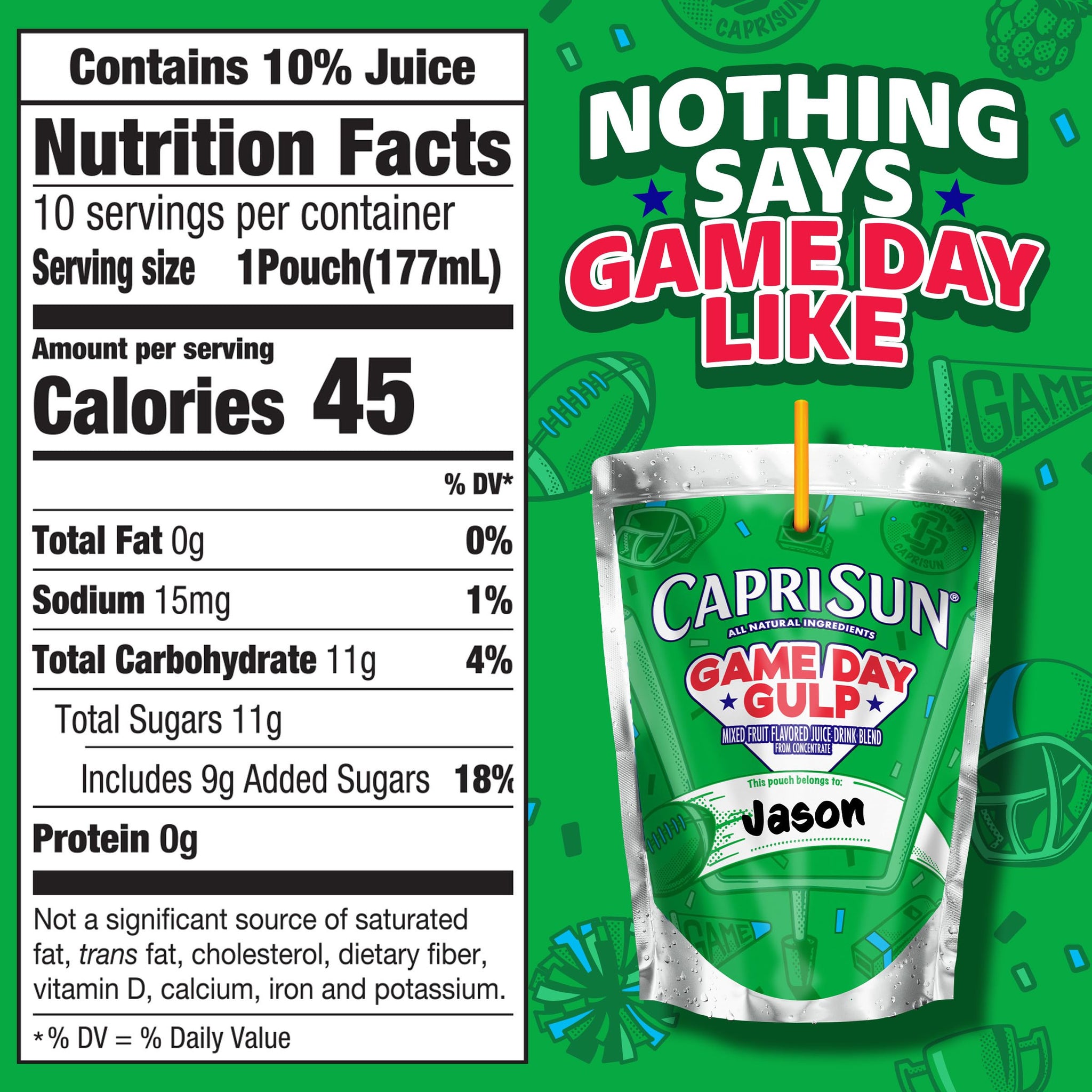 Capri Sun Game Day Gulp Juice Drink Blend Juice Boxes, 10 Pouches, For School Lunches and Tailgates, All Natural Ingredients, 6 oz