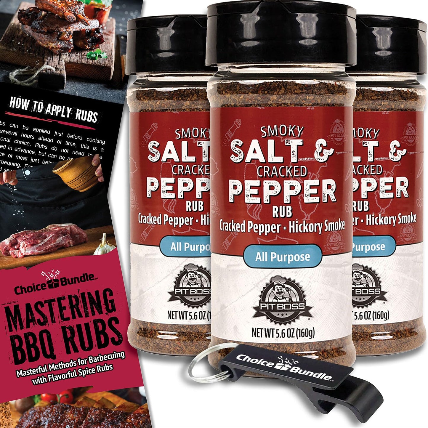 Pit Boss Smoky Salt & Cracked Pepper All Purpose AP Premium BBQ Barbecue Mixed Seasoning Spice & Rub 3 pk Choice Bundle (16.8 oz) + Guide & Keychain