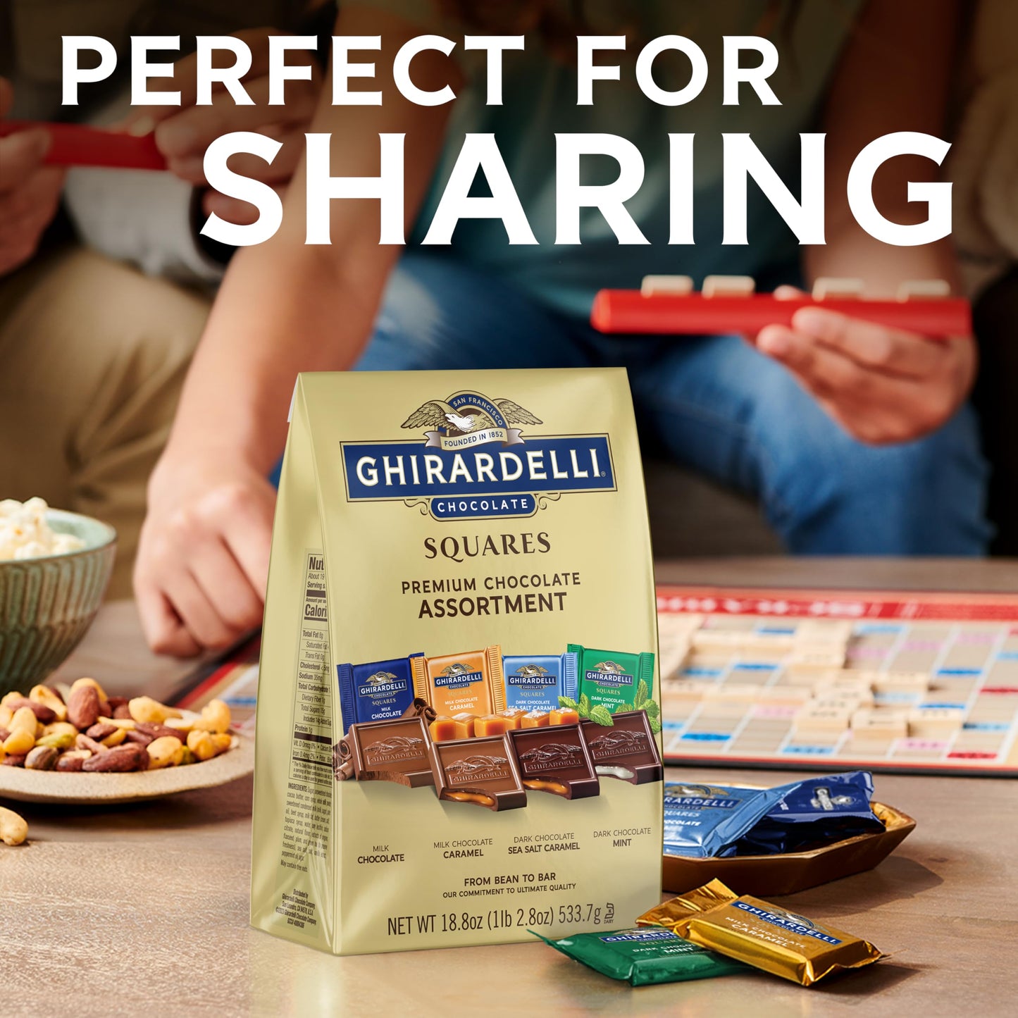 GHIRARDELLI Premium Assorted Chocolate SQUARES, 23.6 oz Bag Variety Pack of Milk, Dark, Mint, and Caramel Chocolates