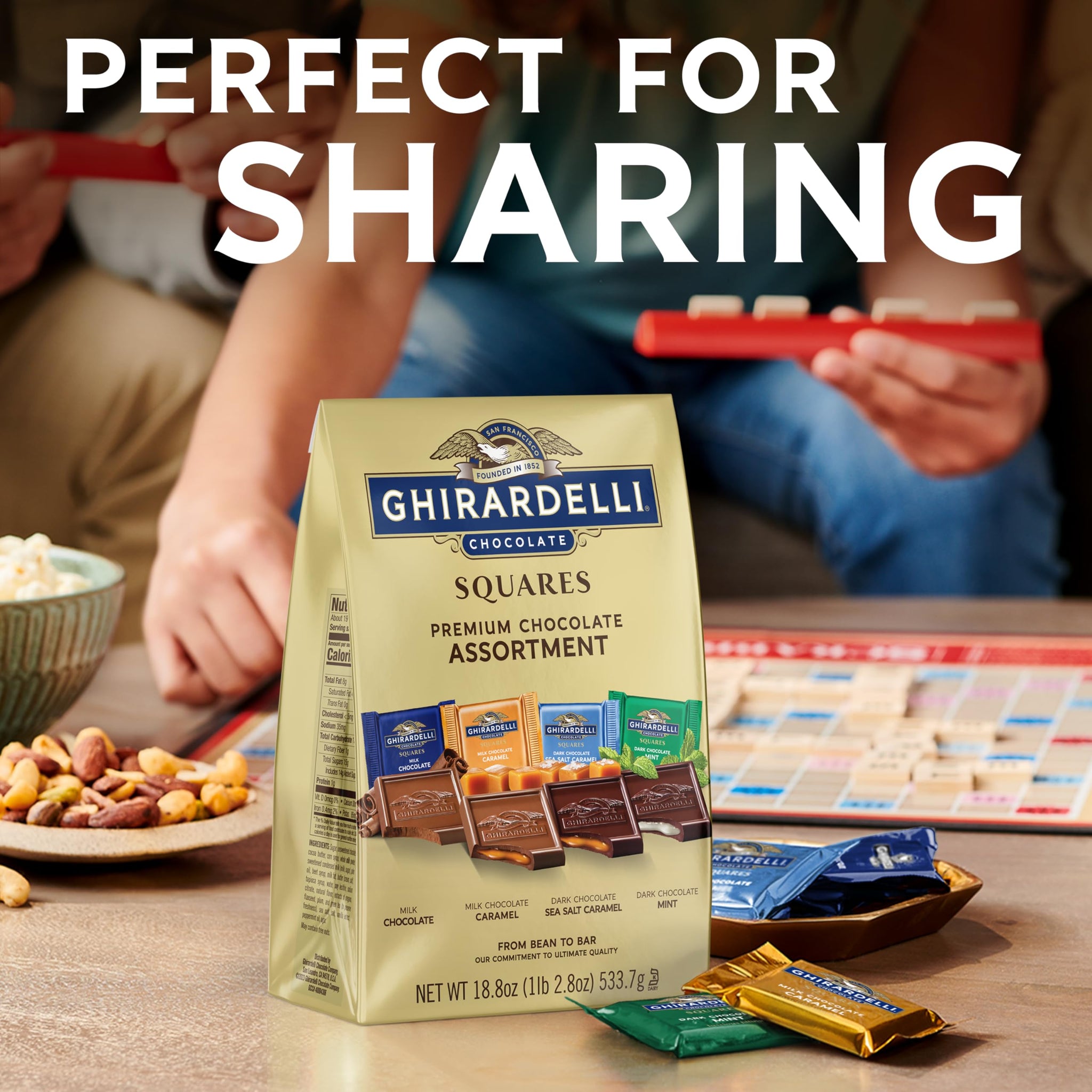 GHIRARDELLI Premium Assorted Chocolate SQUARES, 23.6 oz Bag Variety Pack of Milk, Dark, Mint, and Caramel Chocolates