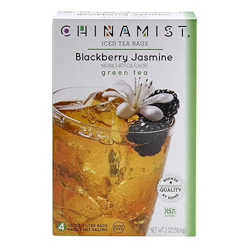 China Mist Iced Tea - Blackberry Jasmine Green Tea Infusion - Refreshing and Delicious - Each Tea Bag Yields 1/2 Gallon - 4 bags.