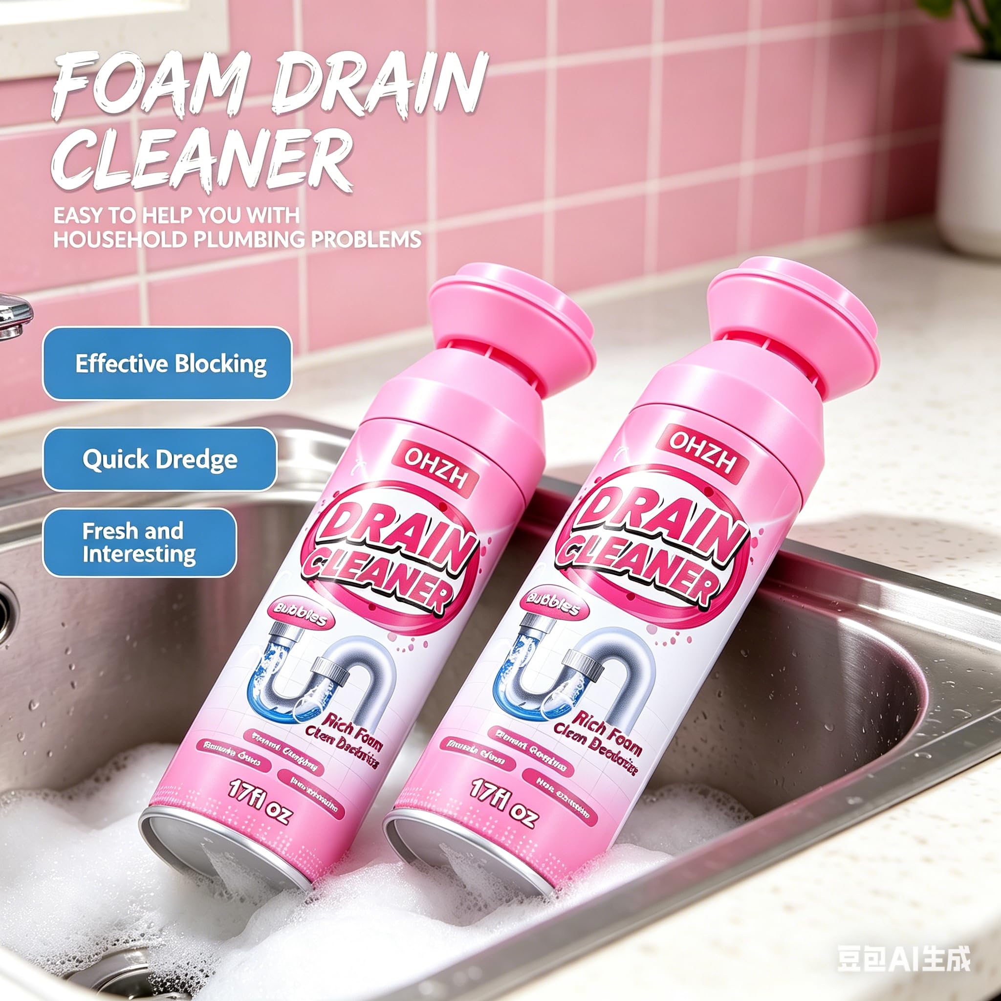 Foaming Drain Cleaner,Drain Clog Remover-Sink Cleaner and Deodorizer & Eliminates Odors, Fast Clog Removal, Safe Sink Cleaner and Deodorizer