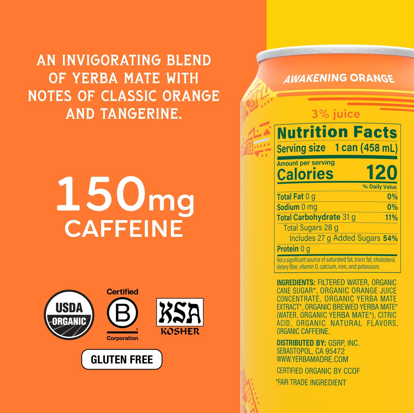Yerba Madre Organic Yerba Mate, Awakening Orange, 150mg Natural Caffeine, Energy Drink Alternative, No Jitters or Crash, 15.5 Oz Cans (Pack of 12)