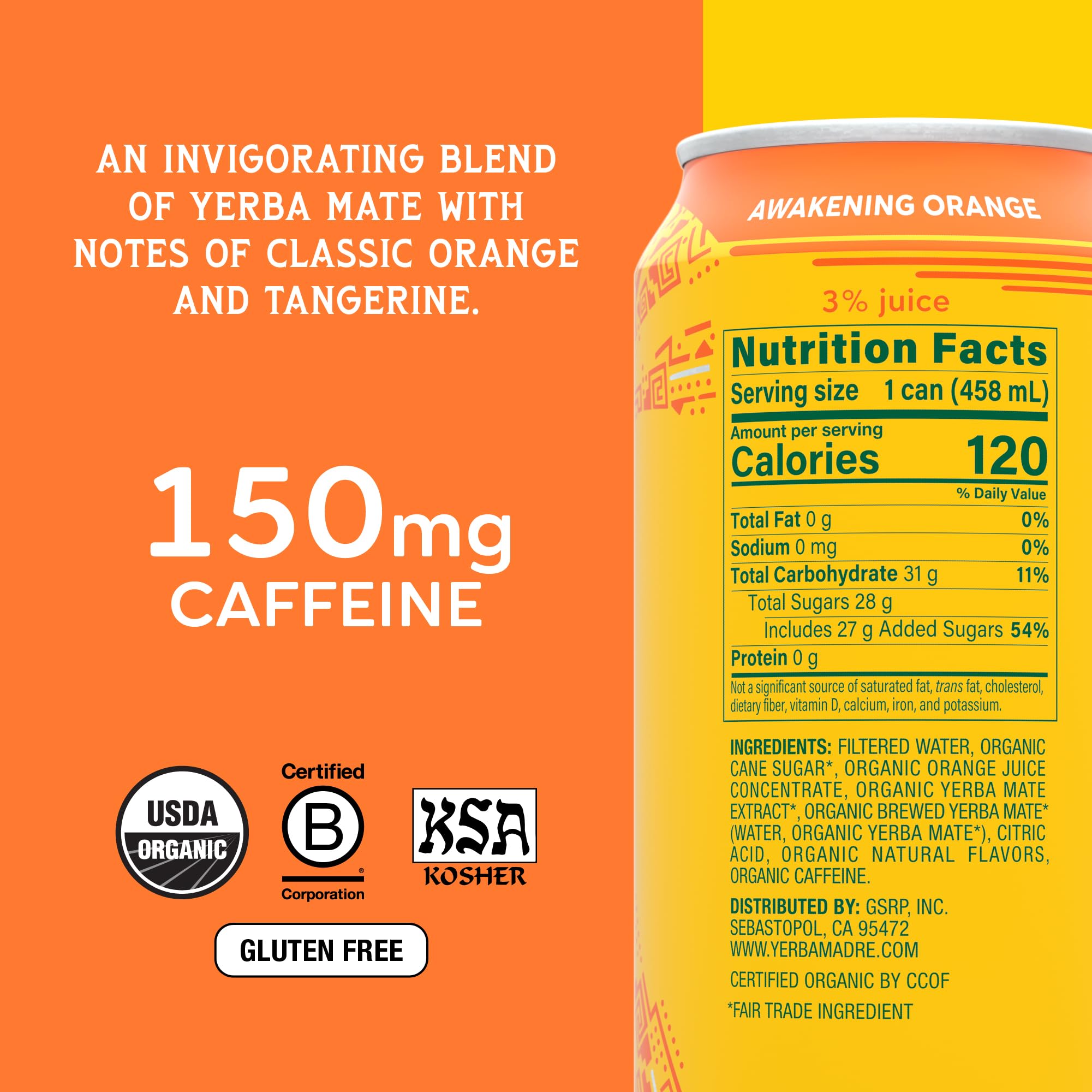 Yerba Madre Organic Yerba Mate, Awakening Orange, 150mg Natural Caffeine, Energy Drink Alternative, No Jitters or Crash, 15.5 Oz Cans (Pack of 12)