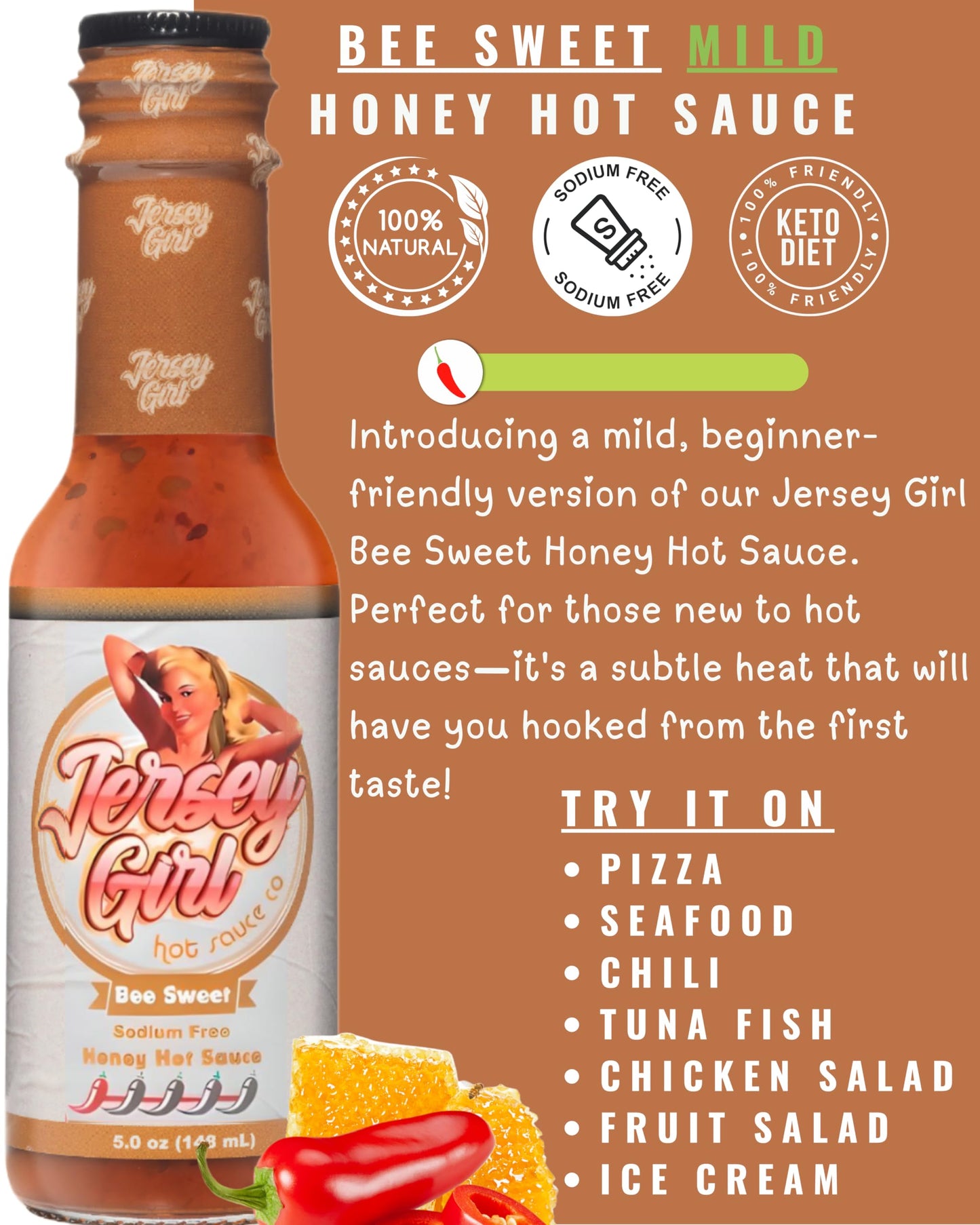 Jersey Girl Bee Sweet (New Mild Heat) Hot Sauce | Gluten-Free, Sodium-Free | 5oz Healthy, No Added Salt