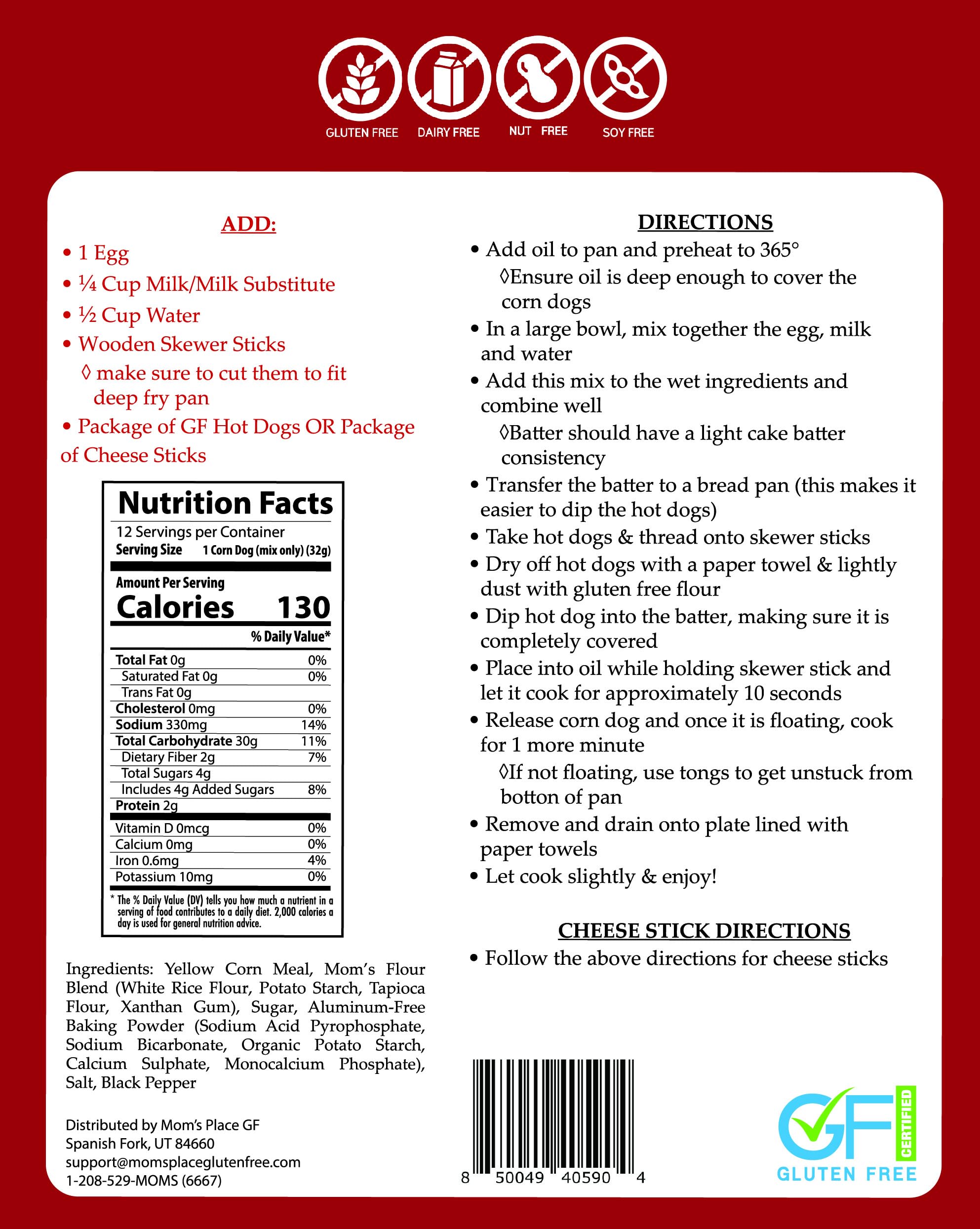Mom's Place Gluten Free Corn Dog Mix - Dairy Free, Nut Free, Soy Free, Preservative Free
