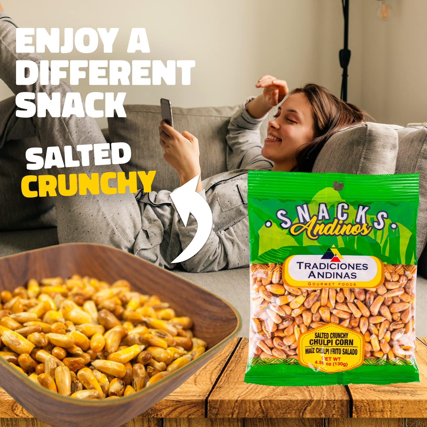 Tradiciones Andinas Salted Crunchy Chulpe Corn 4.59 oz - Snack Chulpi Frito y Salado, Salty Fried, Peruvian Products Ready To Eat, Individual Bags